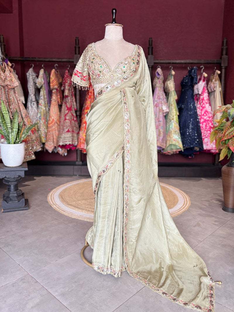 Sage Designer Saree with Embroidered Blouse and Stone Work Border