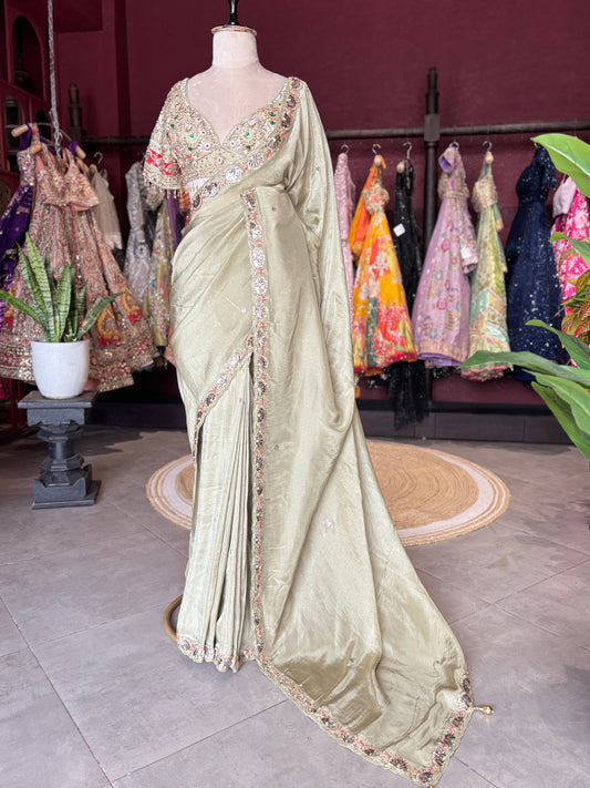 Sage Designer Saree with Embroidered Blouse and Stone Work Border