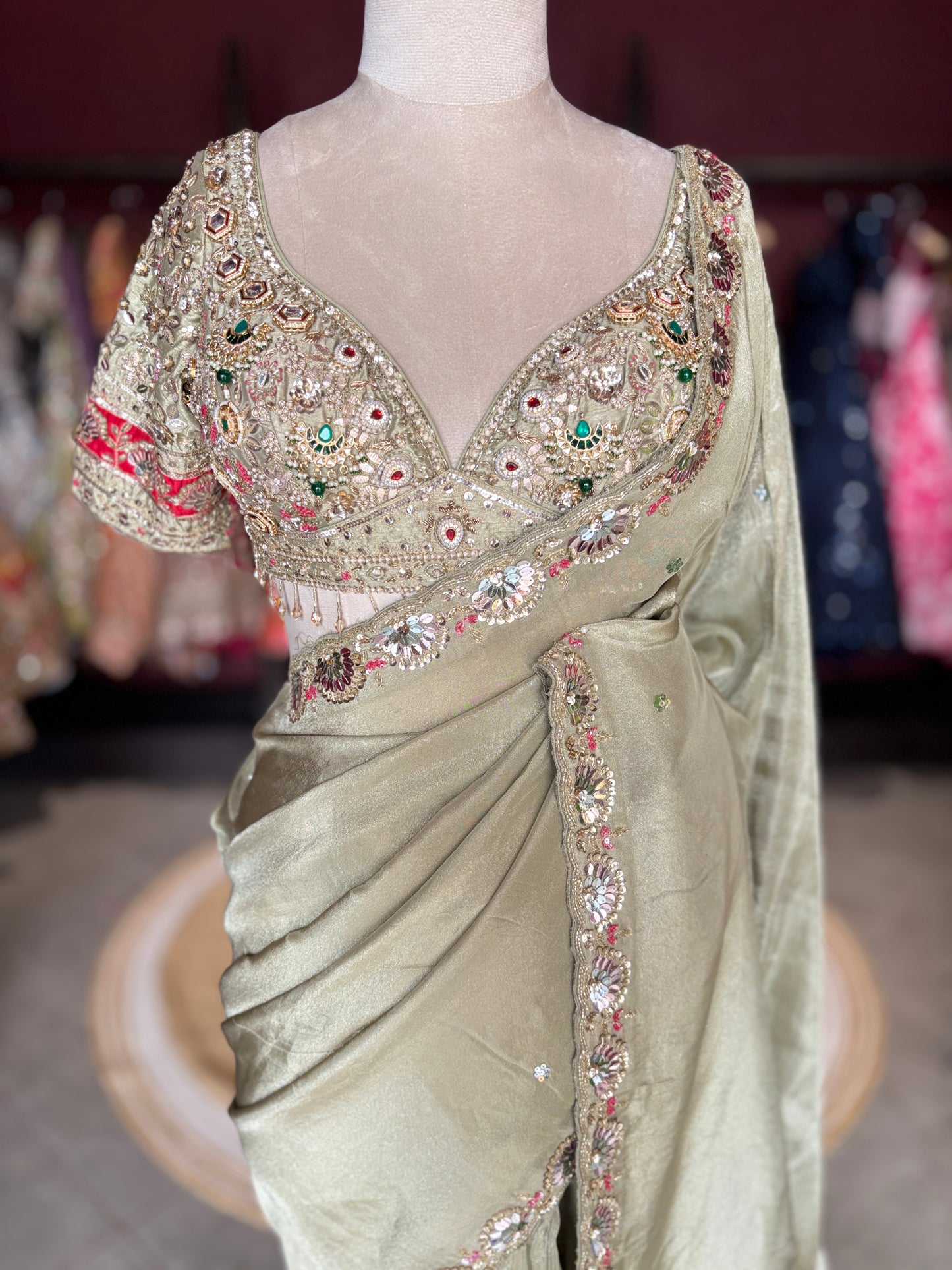 Sage Designer Saree with Embroidered Blouse and Stone Work Border
