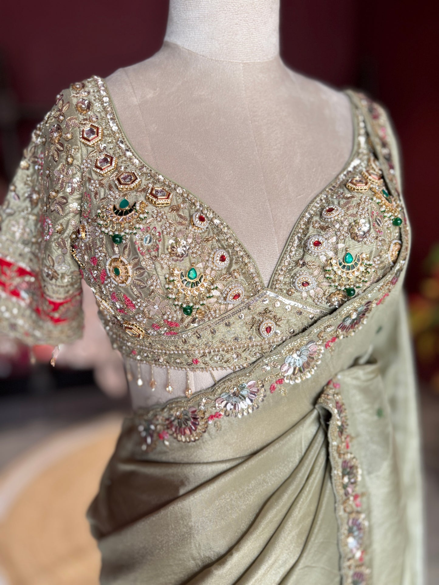 Sage Designer Saree with Embroidered Blouse and Stone Work Border