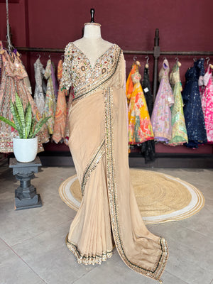 Beige Designer Saree with Mirror Work Blouse and Embellished Border