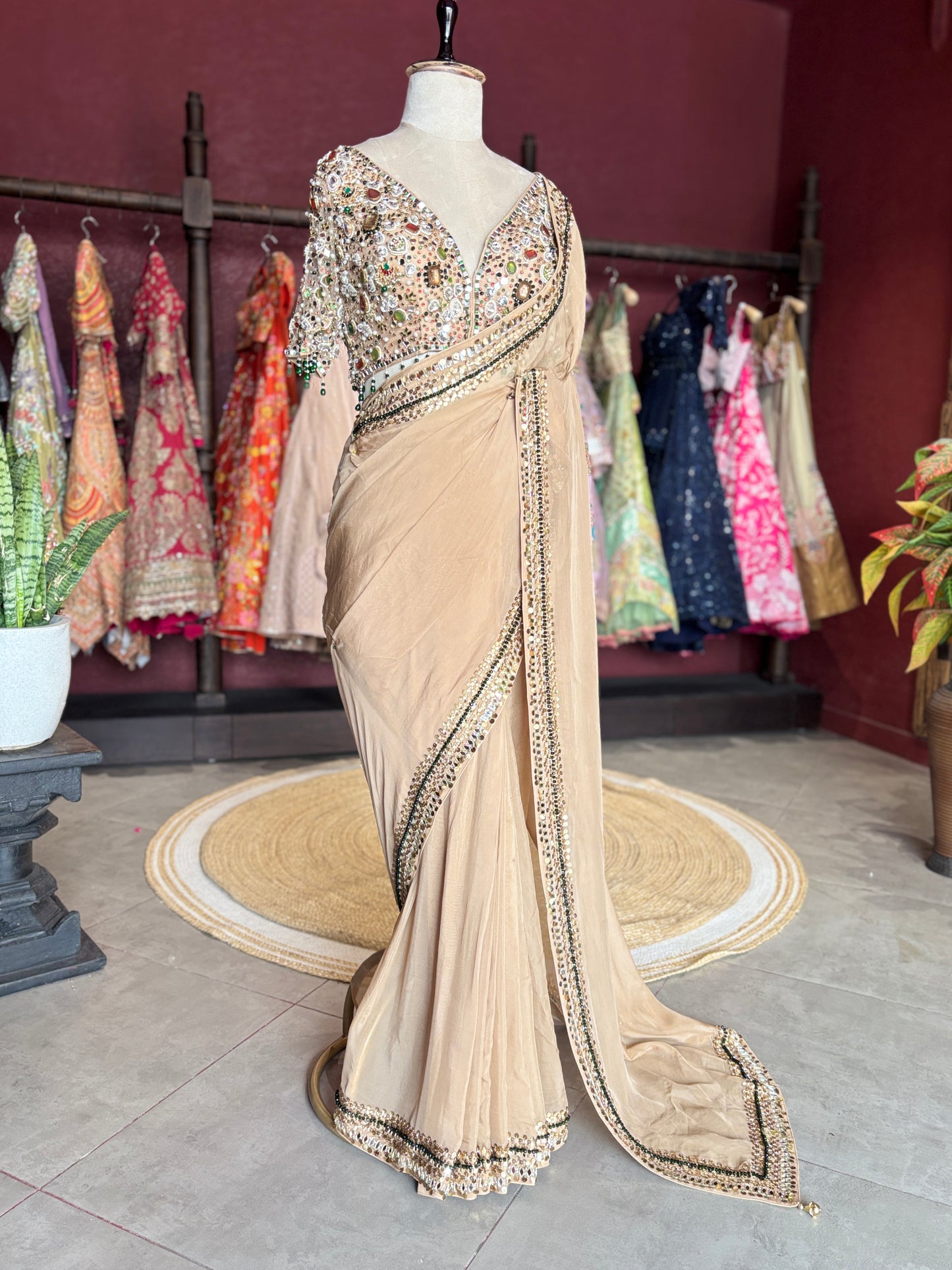 Beige Designer Saree with Mirror Work Blouse and Embellished Border