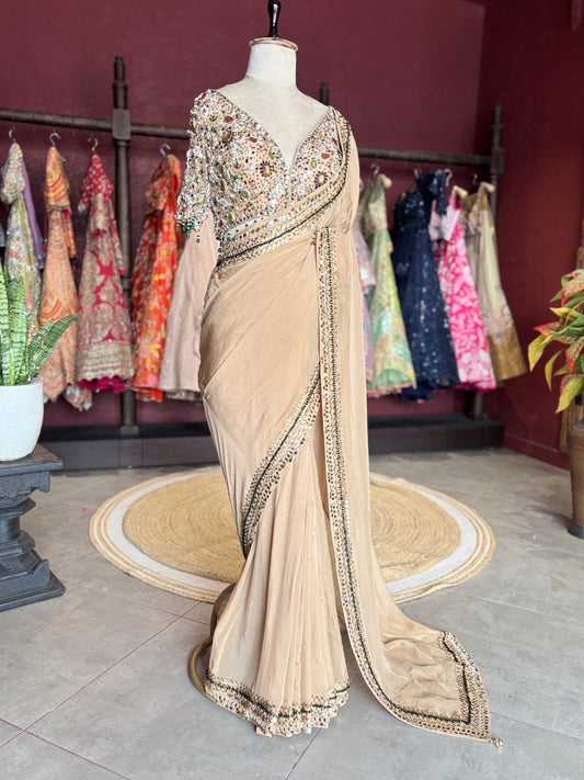 Beige Designer Saree with Mirror Work Blouse and Embellished Border