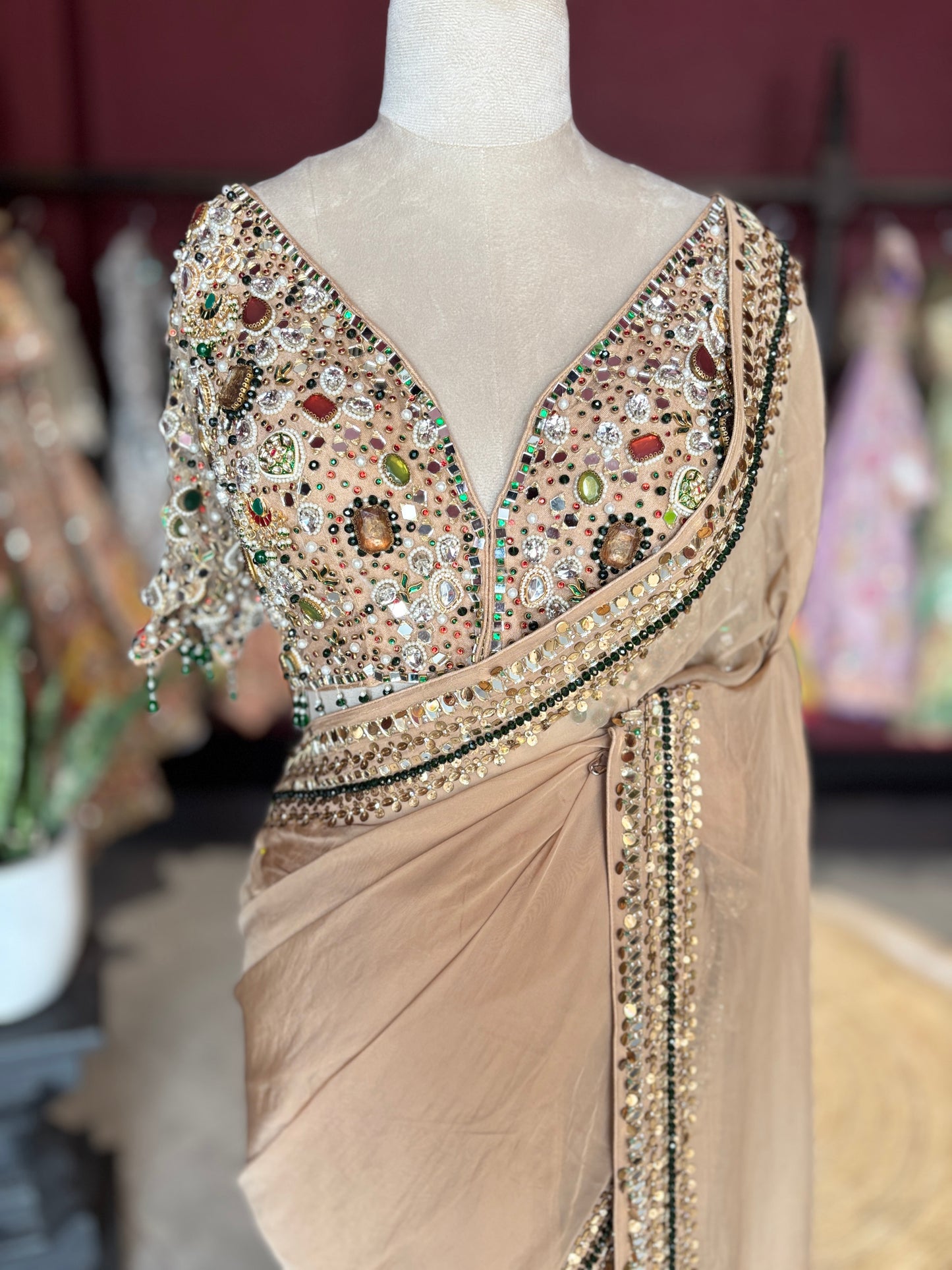 Beige Designer Saree with Mirror Work Blouse and Embellished Border
