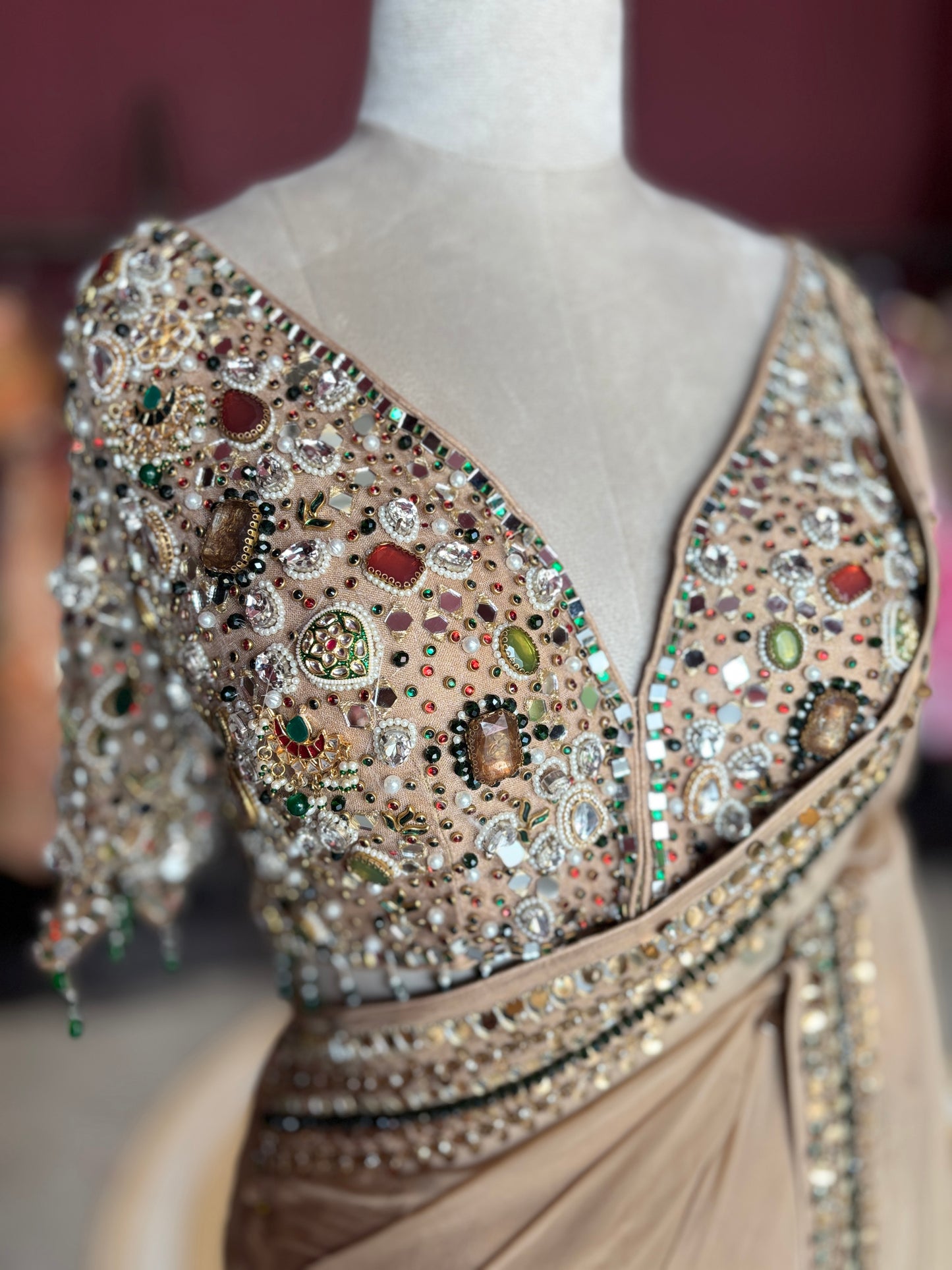 Beige Designer Saree with Mirror Work Blouse and Embellished Border