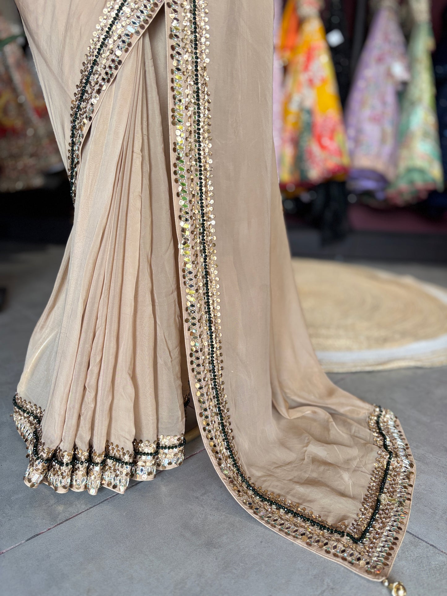 Beige Designer Saree with Mirror Work Blouse and Embellished Border