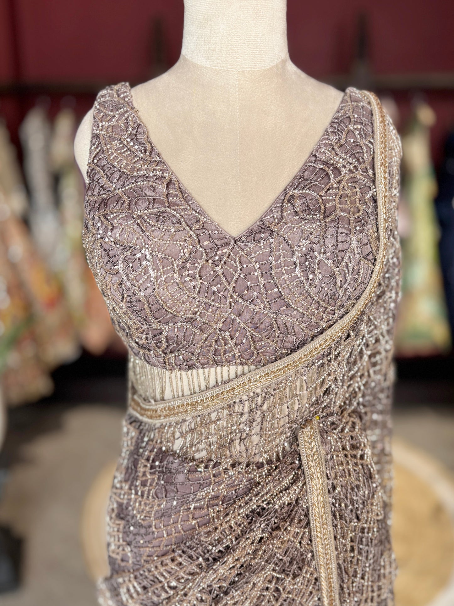 Mauve Designer Saree with Heavy Sequin Work and Embellished Blouse