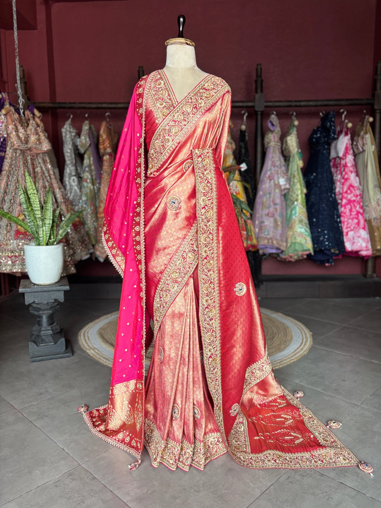 Banarasi Designer Saree with Golden Embroidery and Pink Dupatta Detail