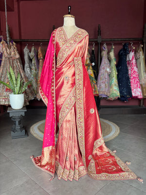 Banarasi Designer Saree with Golden Embroidery and Pink Dupatta Detail