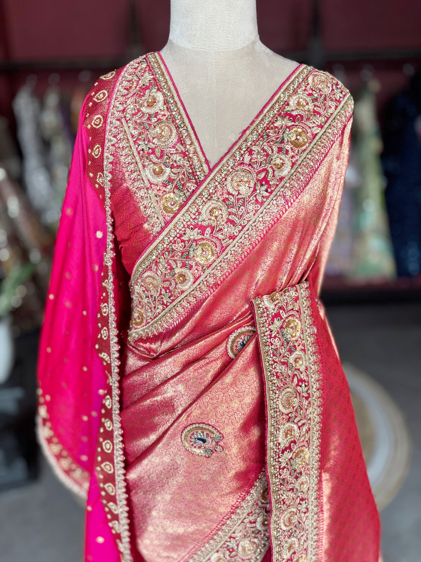 Banarasi Designer Saree with Golden Embroidery and Pink Dupatta Detail