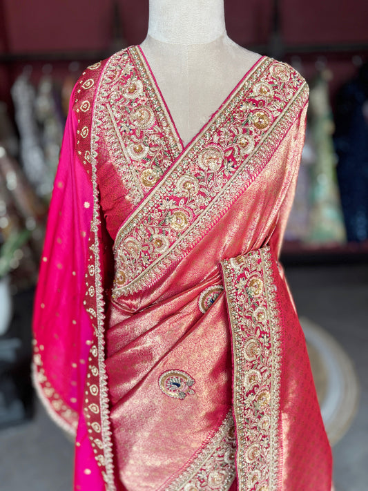 Banarasi Designer Saree with Golden Embroidery and Pink Dupatta Detail