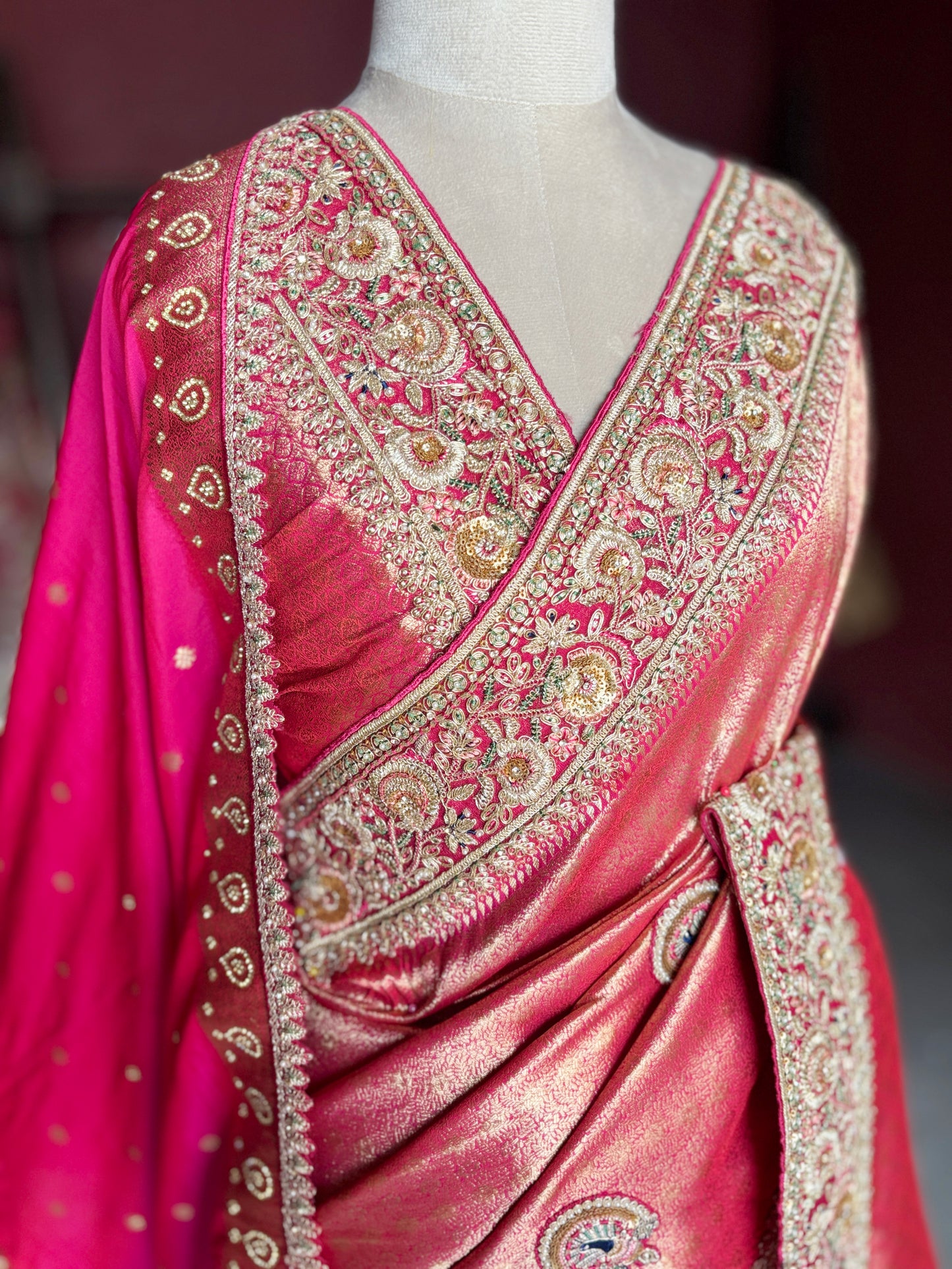 Banarasi Designer Saree with Golden Embroidery and Pink Dupatta Detail