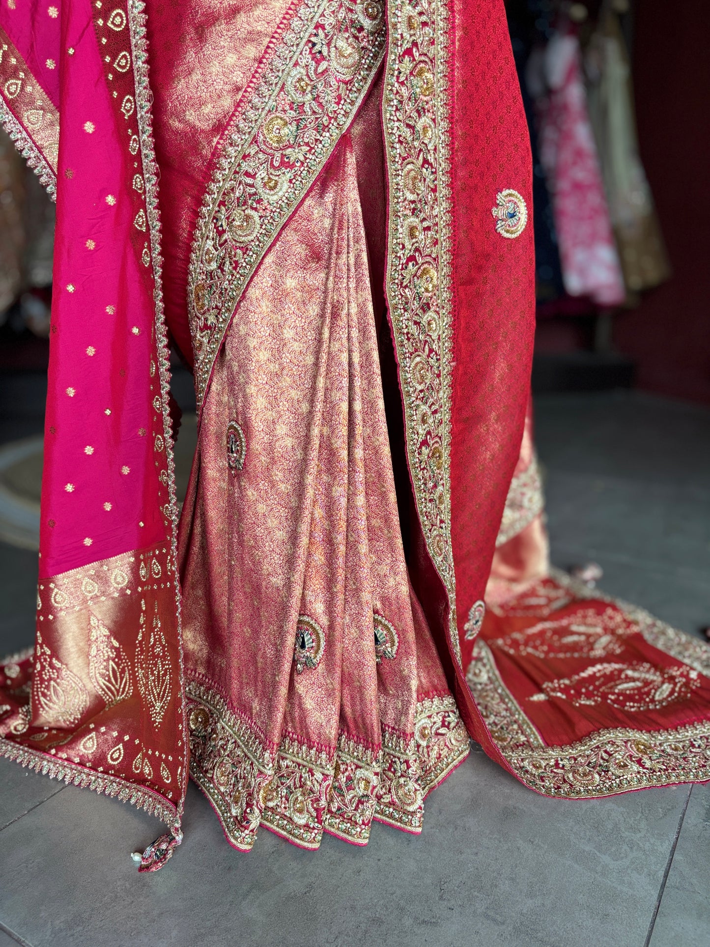 Banarasi Designer Saree with Golden Embroidery and Pink Dupatta Detail