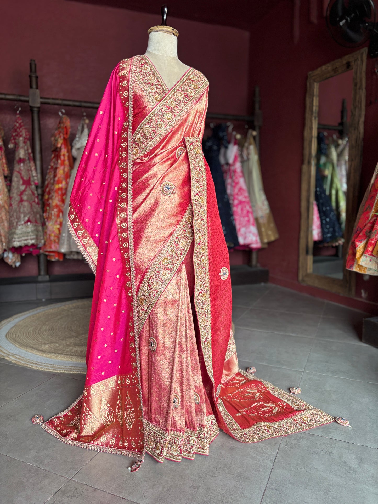 Banarasi Designer Saree with Golden Embroidery and Pink Dupatta Detail