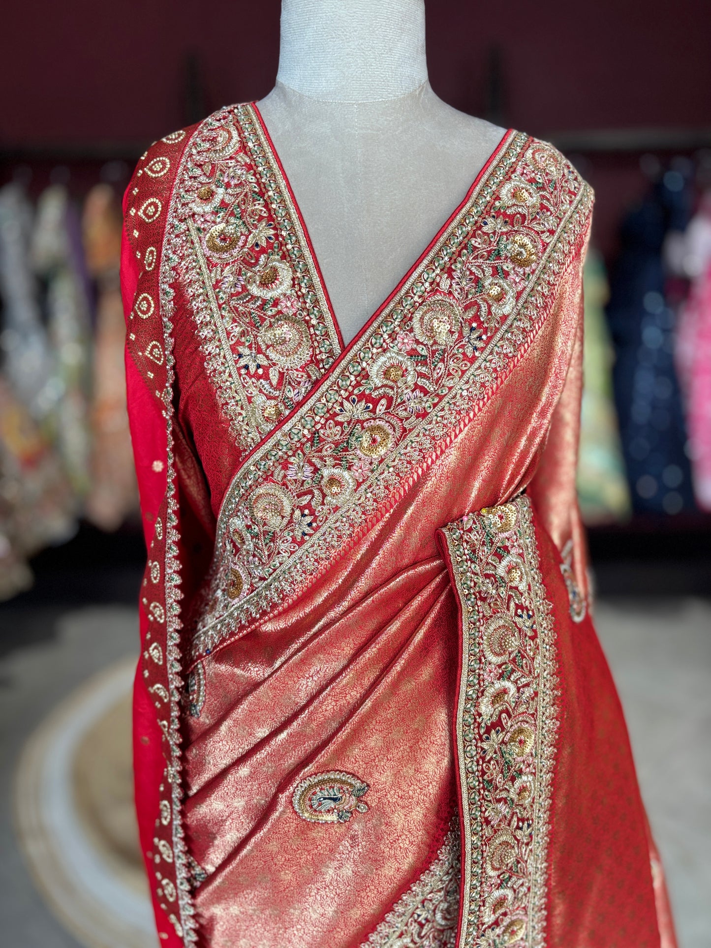Royal Red Banarasi Designer Saree with Heavy Golden Embroidered Border