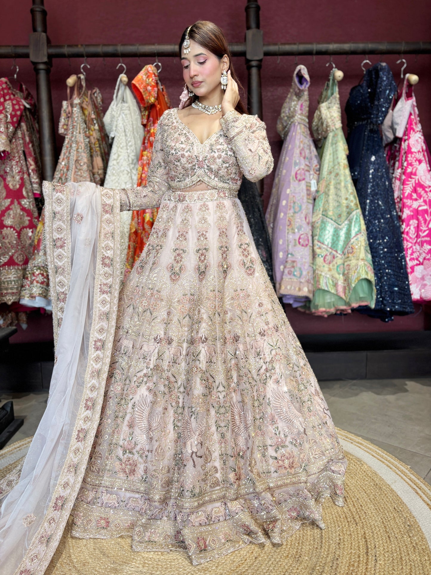 Heavy Embroidered Lehenga with Floral & Peacock Motifs