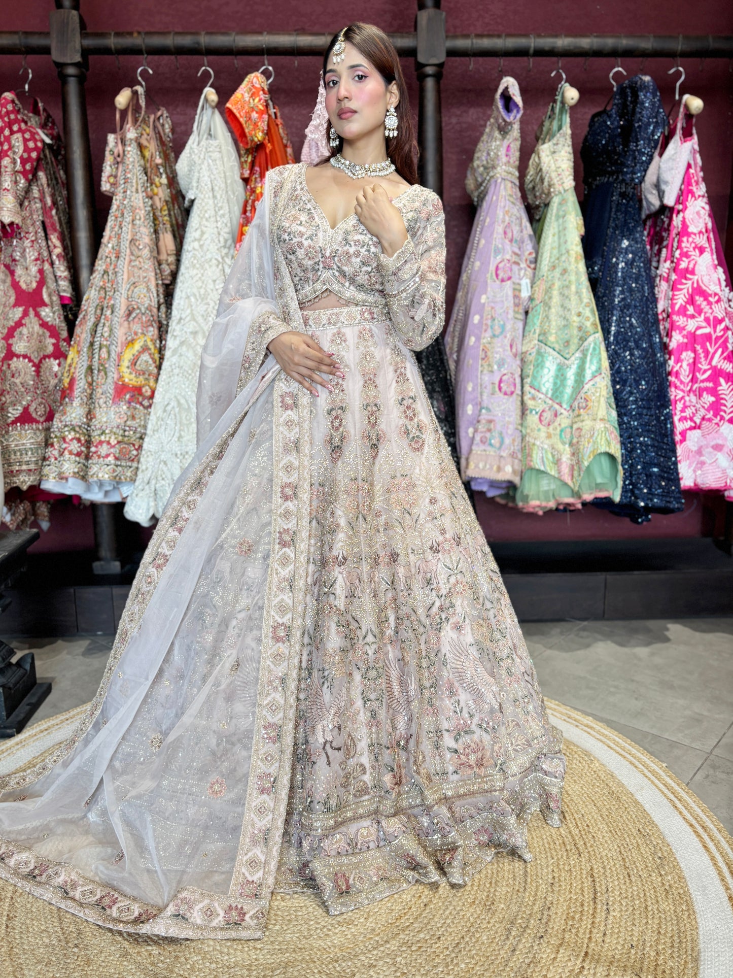 Heavy Embroidered Lehenga with Floral & Peacock Motifs