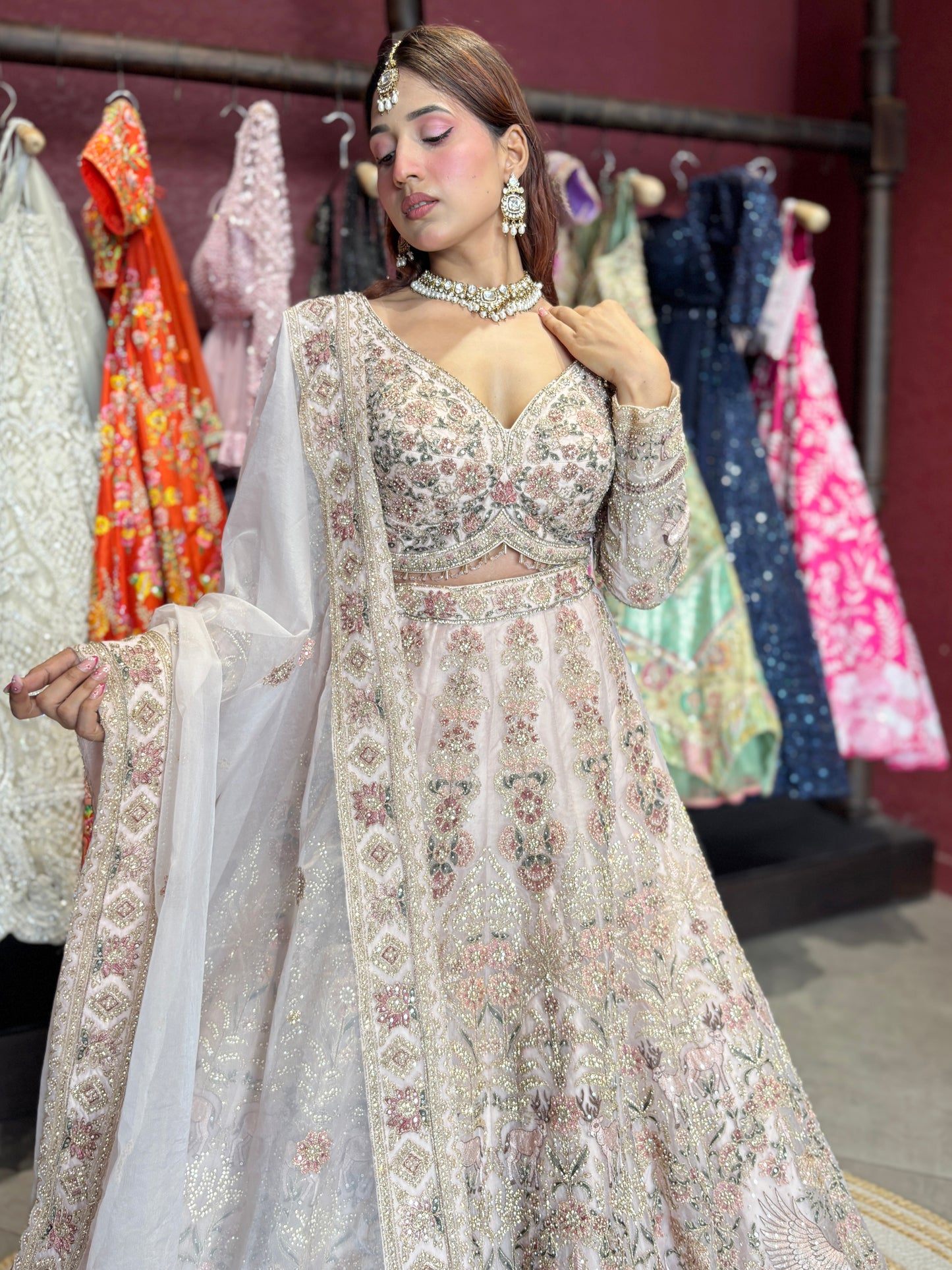 Heavy Embroidered Lehenga with Floral & Peacock Motifs