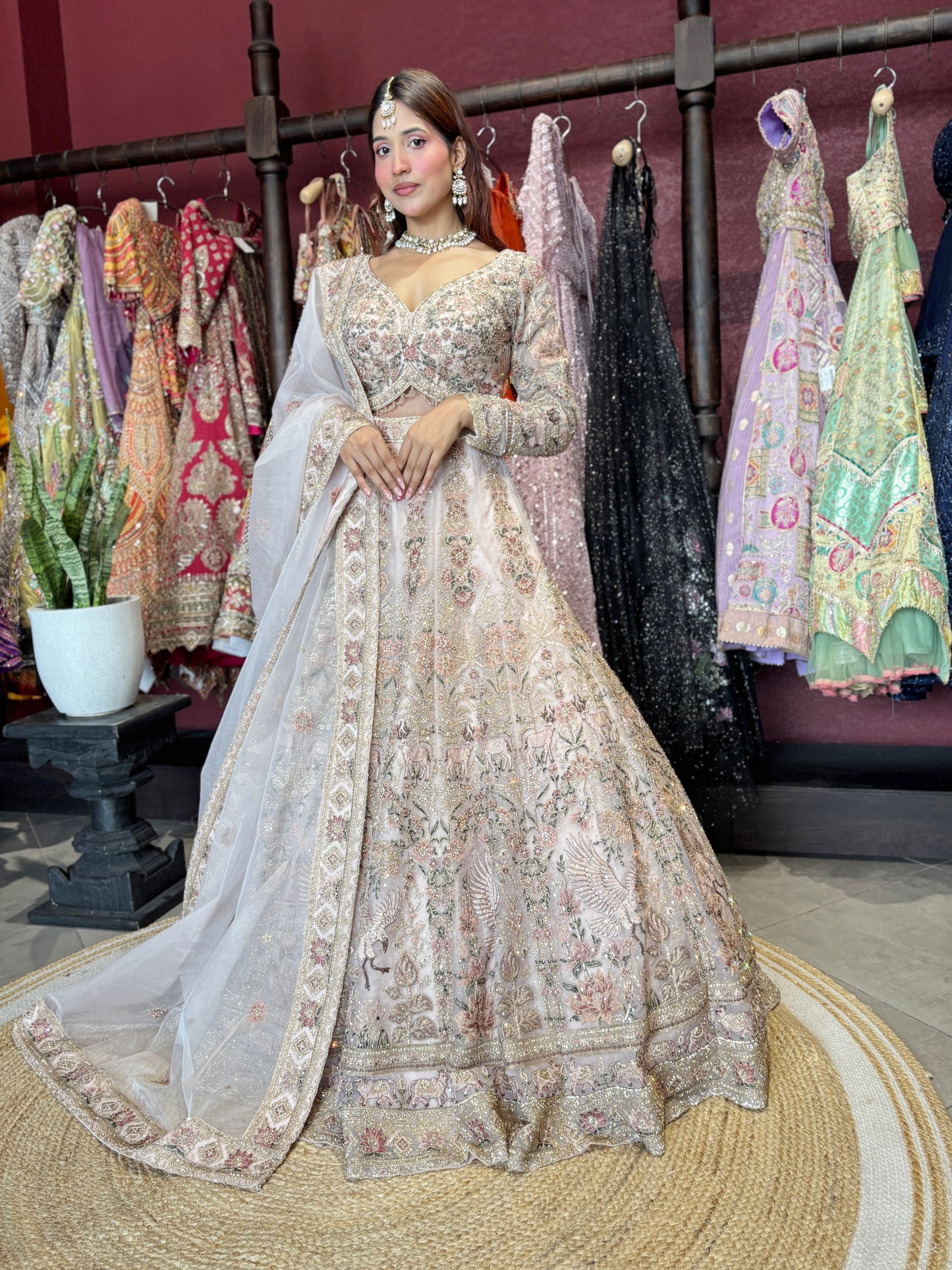 Heavy Embroidered Lehenga with Floral & Peacock Motifs