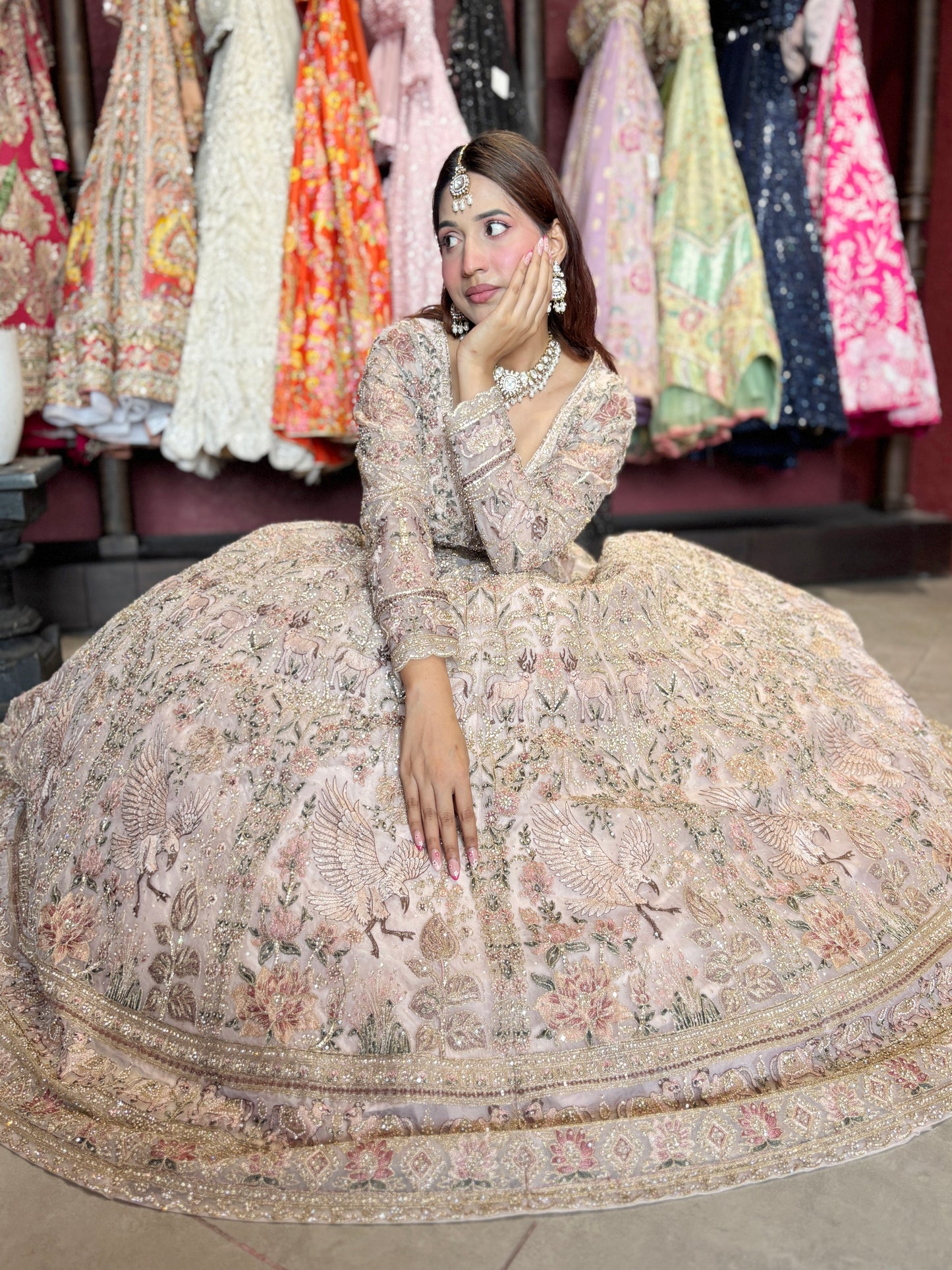 Heavy Embroidered Lehenga with Floral & Peacock Motifs