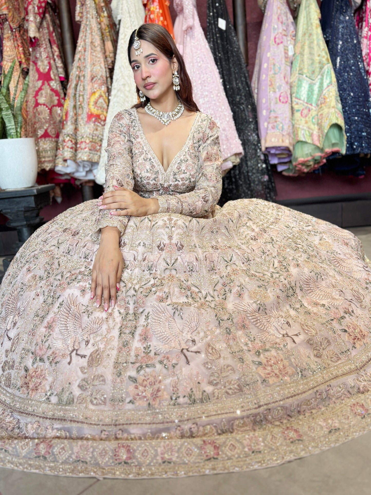 Heavy Embroidered Lehenga with Floral & Peacock Motifs
