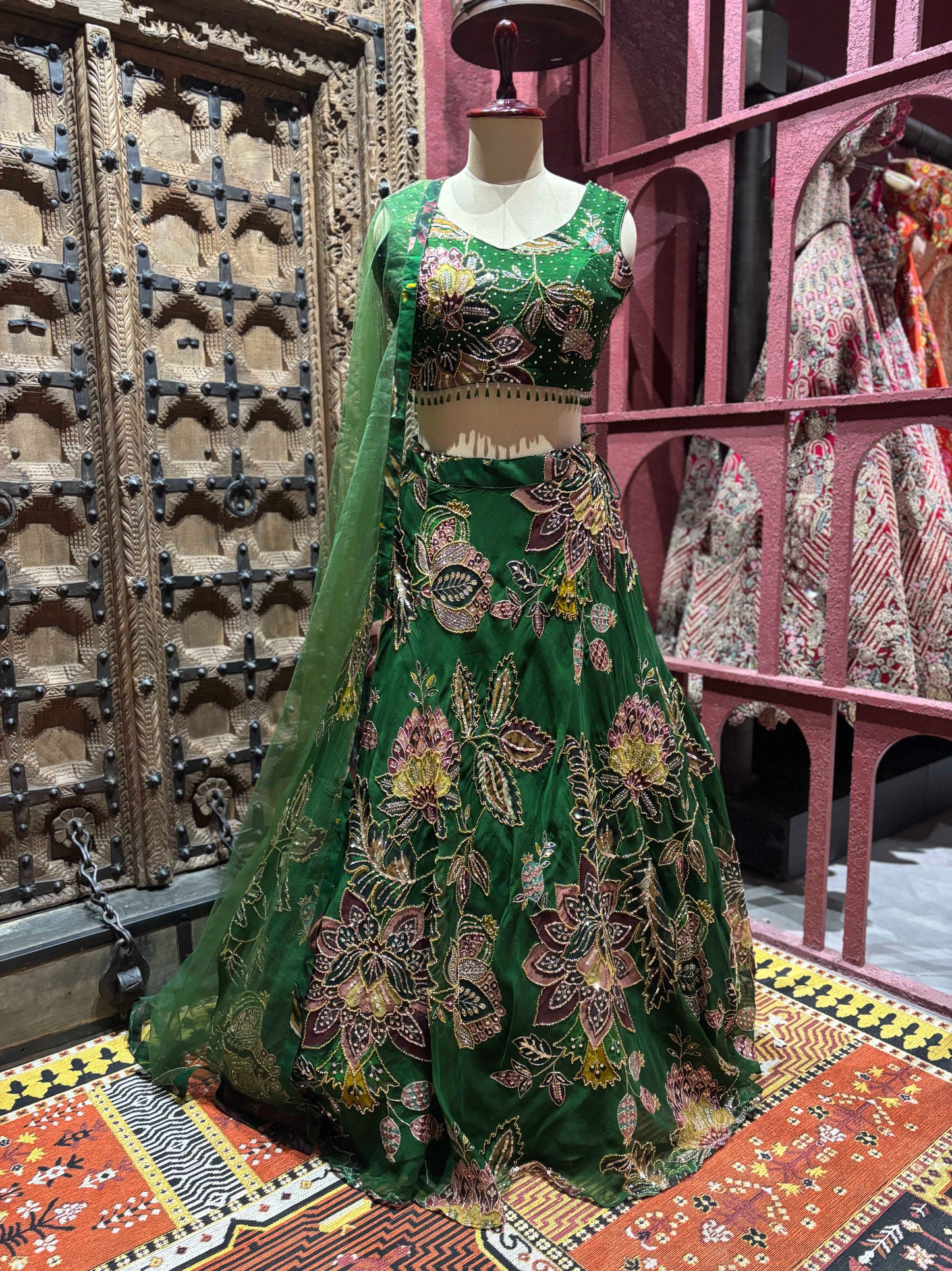 Emerald Green Floral Embroidered Bridal Lehenga Set
