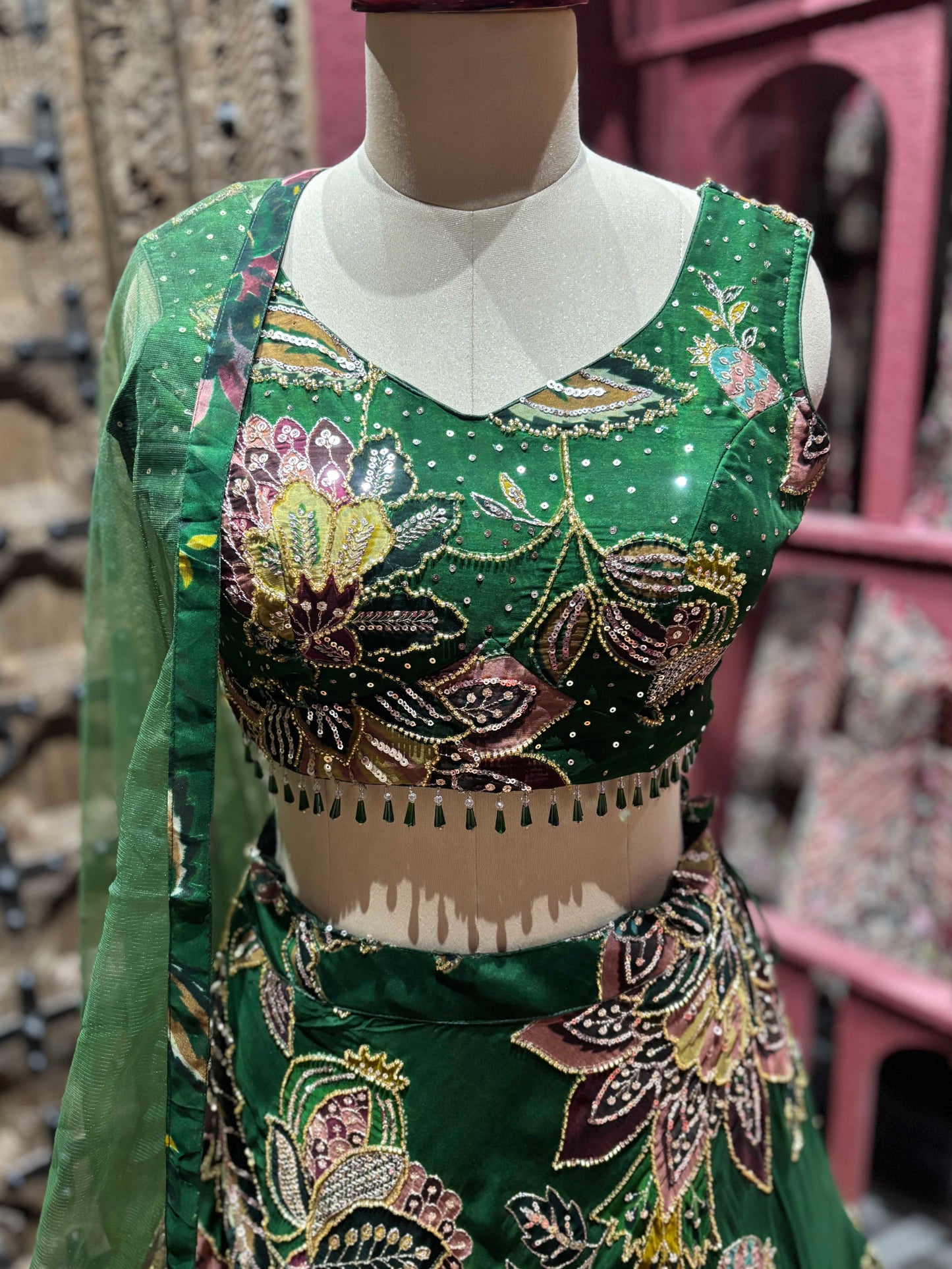 Emerald Green Floral Embroidered Bridal Lehenga Set