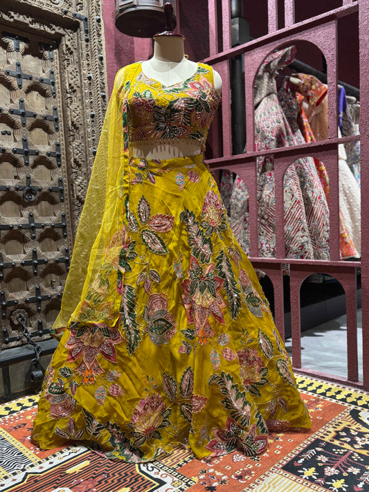 Mustard Yellow Floral Embroidered Festive Lehenga Set