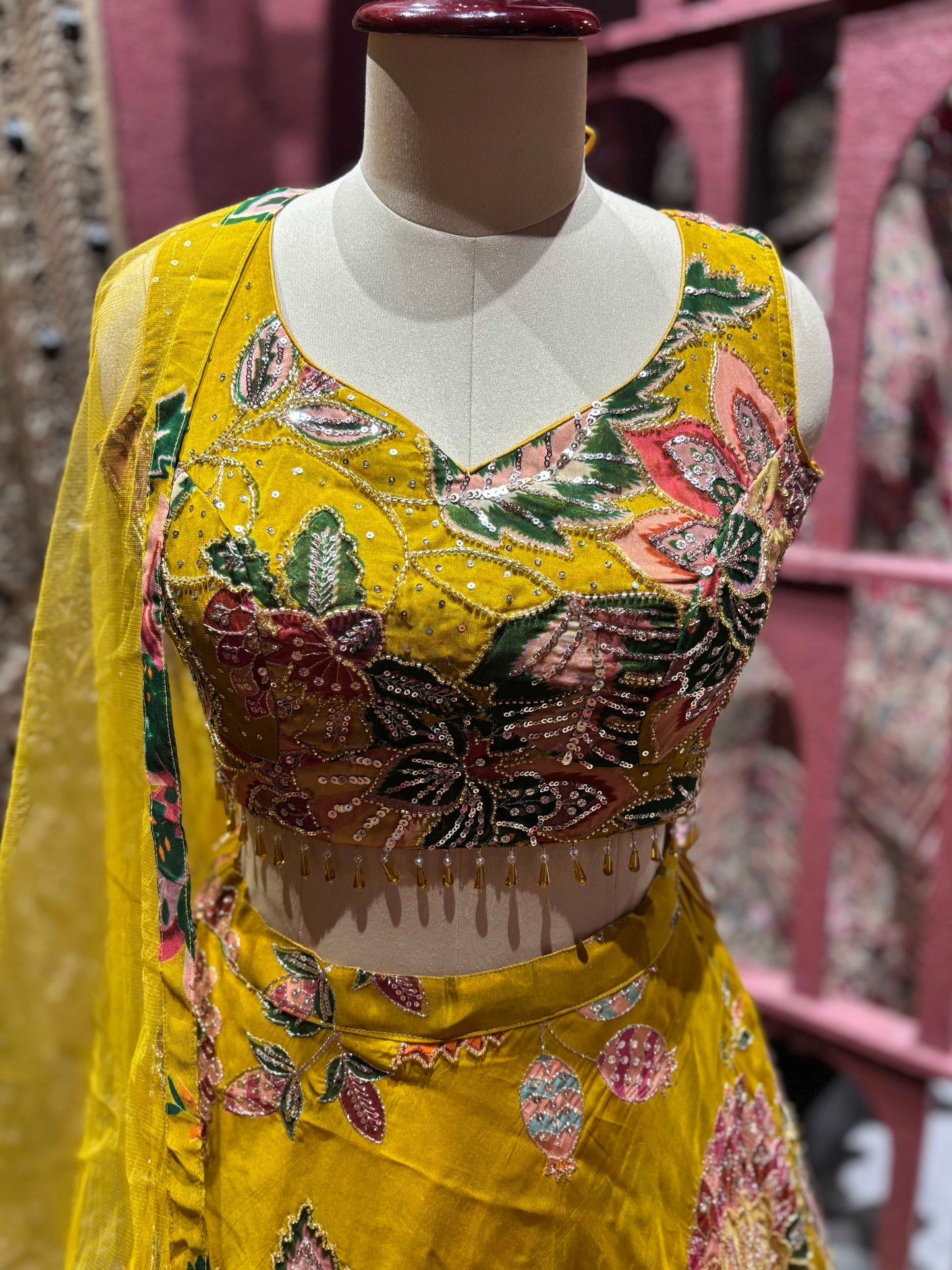 Mustard Yellow Floral Embroidered Festive Lehenga Set