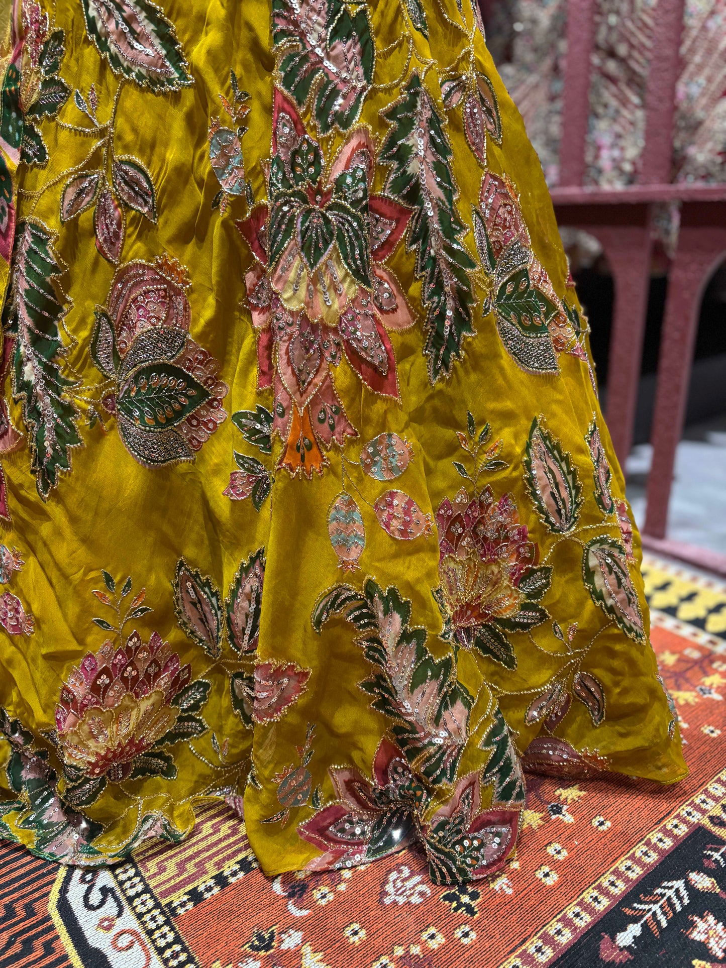 Mustard Yellow Floral Embroidered Festive Lehenga Set