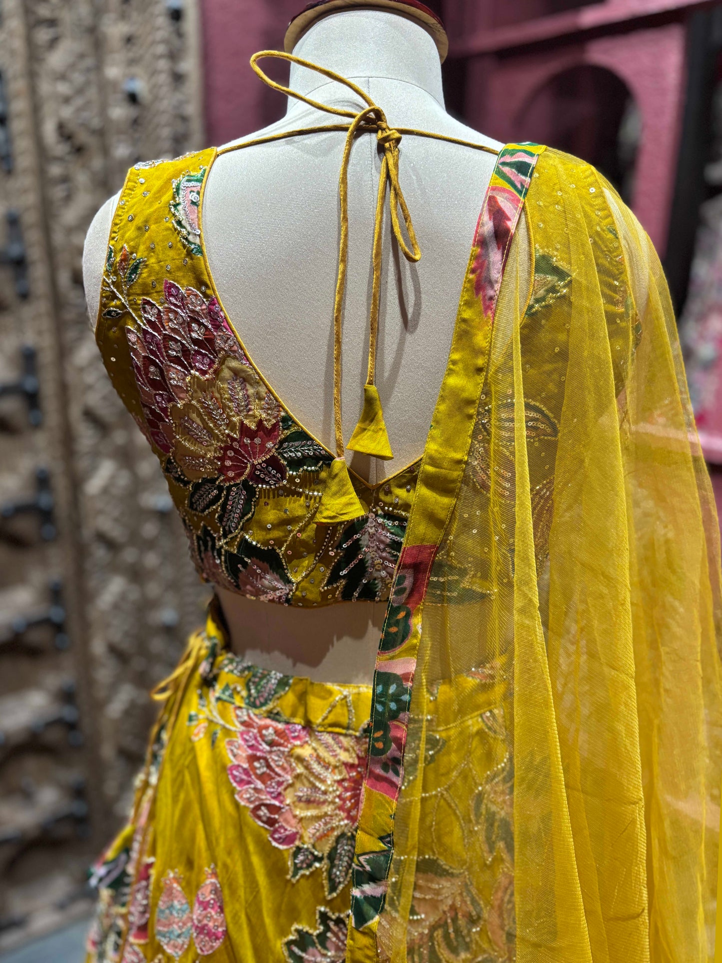 Mustard Yellow Floral Embroidered Festive Lehenga Set