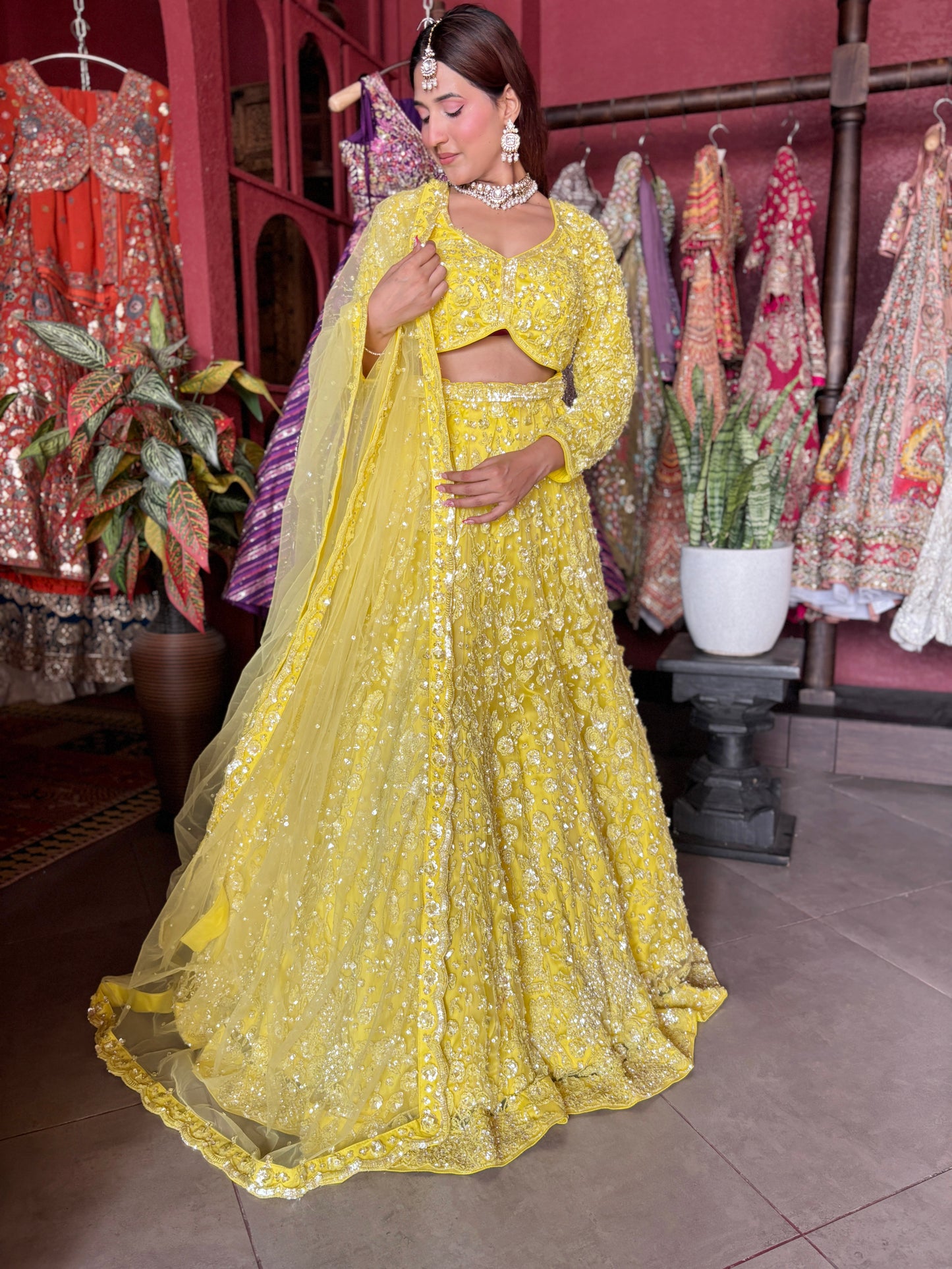 Yellow Heavy Embroidered Lehenga with Full-Sleeve Blouse