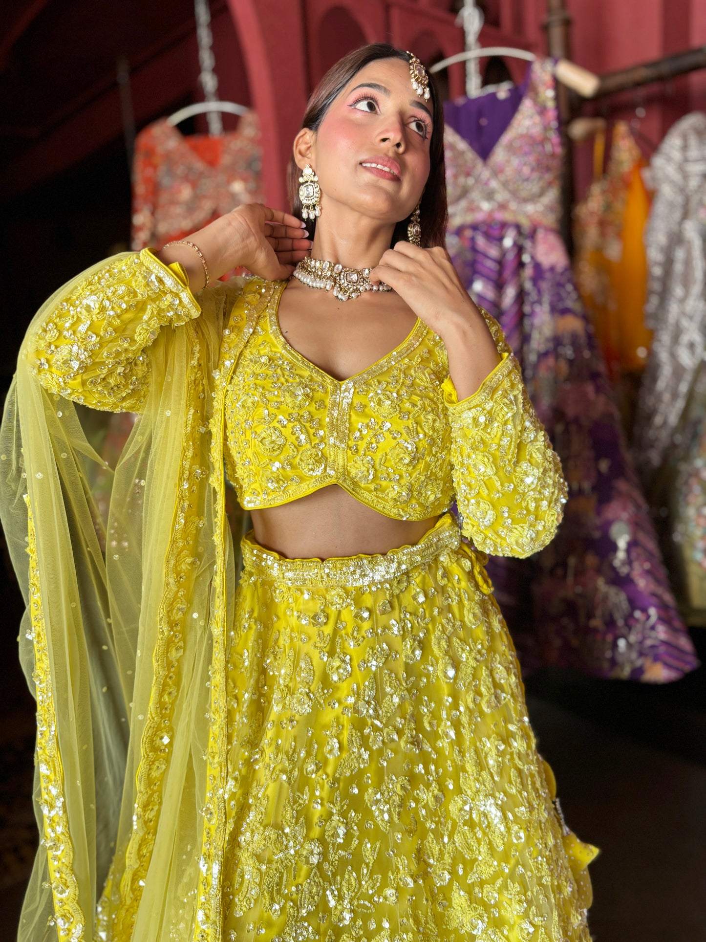 Yellow Heavy Embroidered Lehenga with Full-Sleeve Blouse