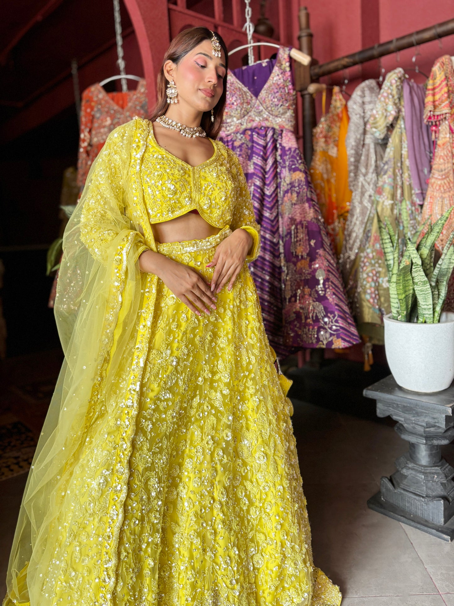 Yellow Heavy Embroidered Lehenga with Full-Sleeve Blouse