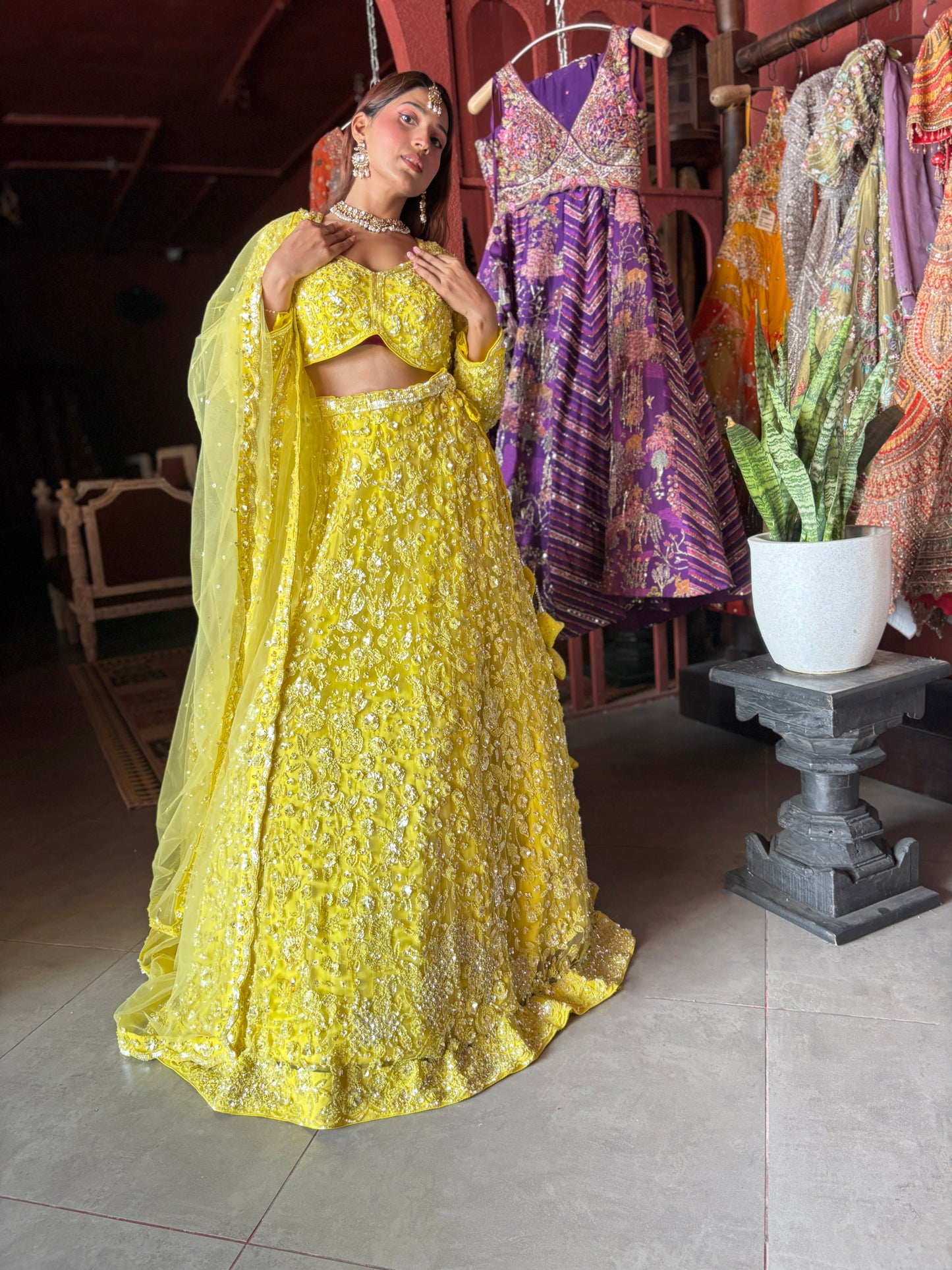 Yellow Heavy Embroidered Lehenga with Full-Sleeve Blouse