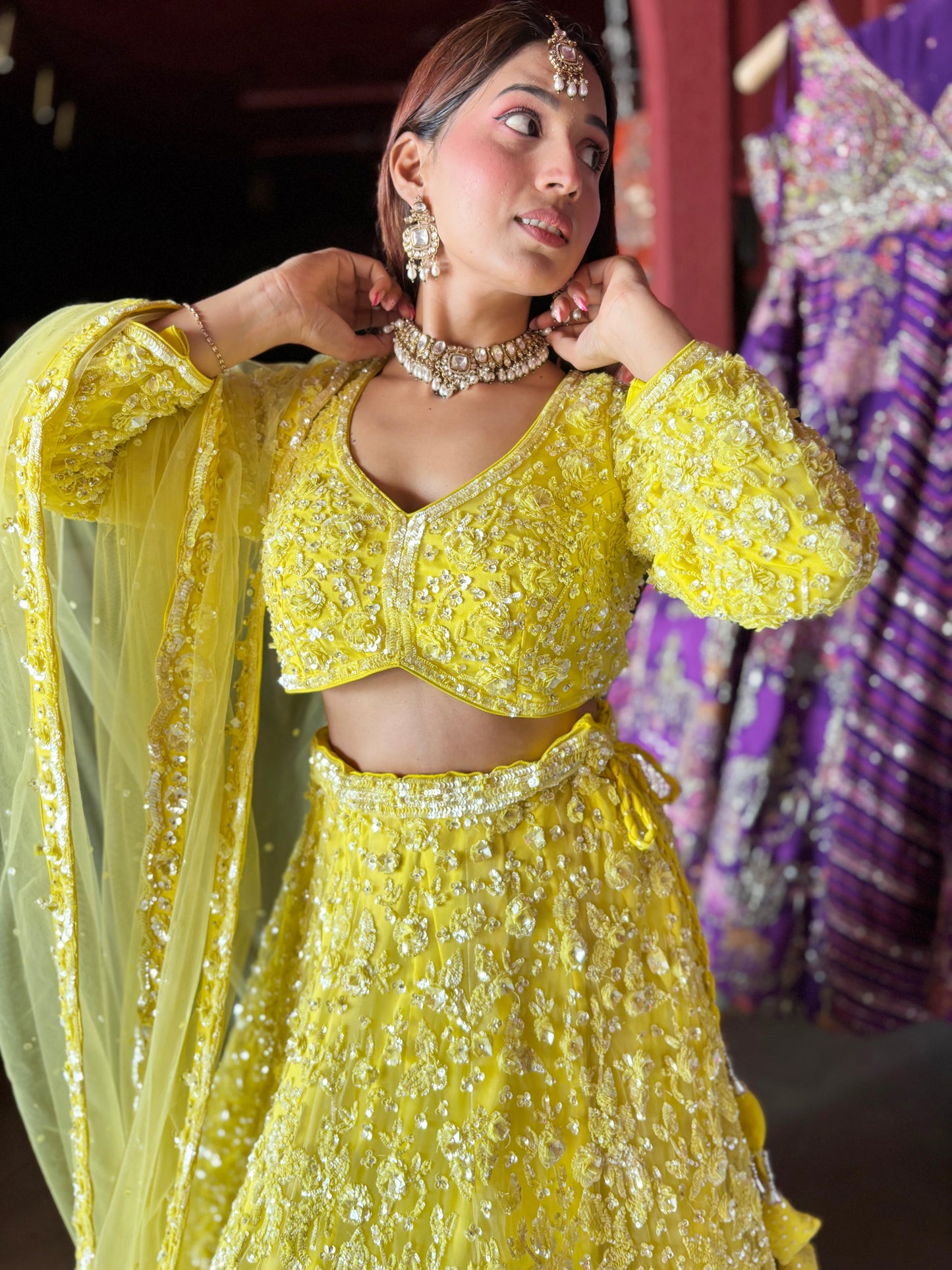 Yellow Heavy Embroidered Lehenga with Full-Sleeve Blouse