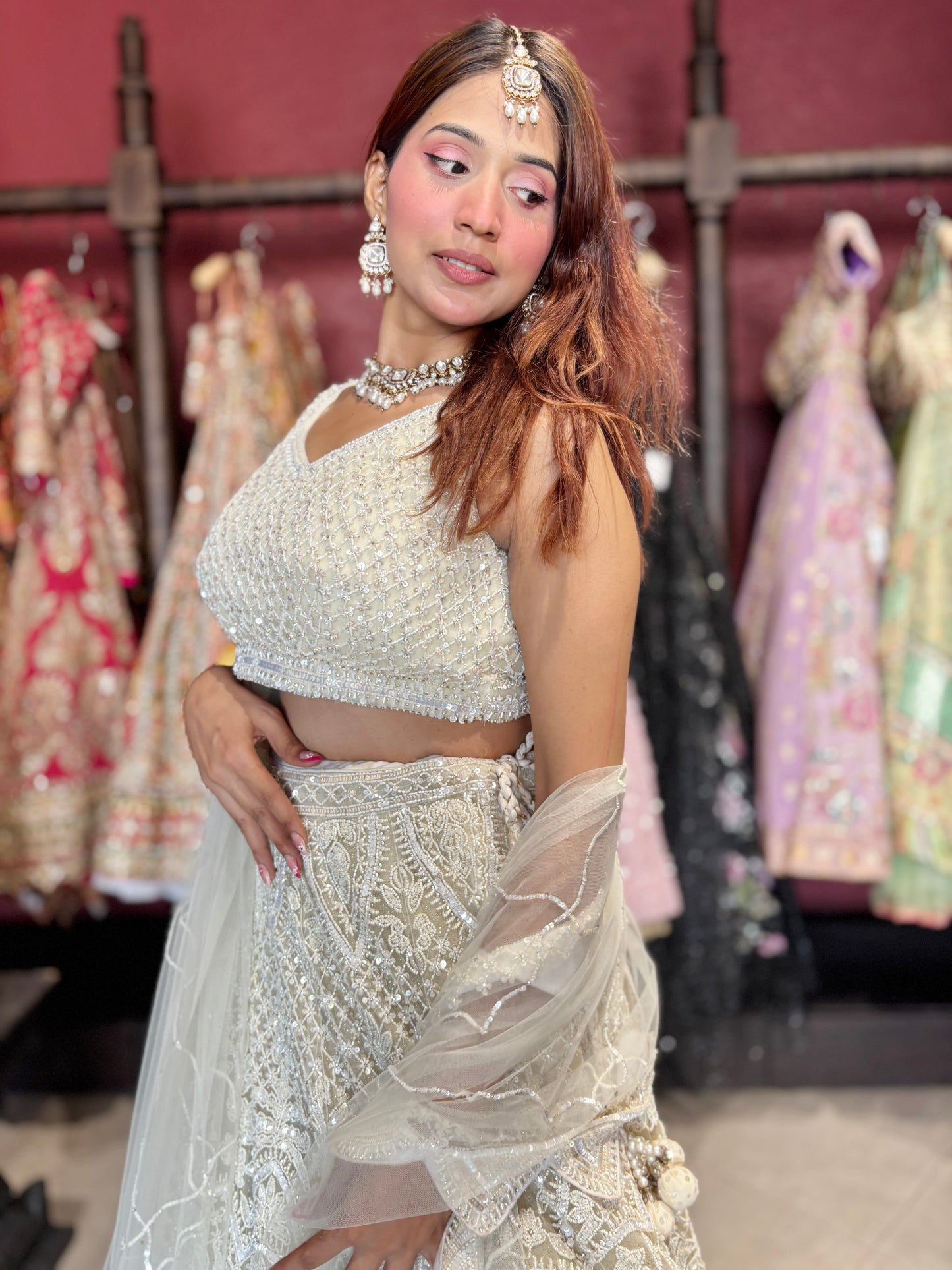 Ivory White Net Lehenga with Heavy Embroidery and Scallop Dupatta