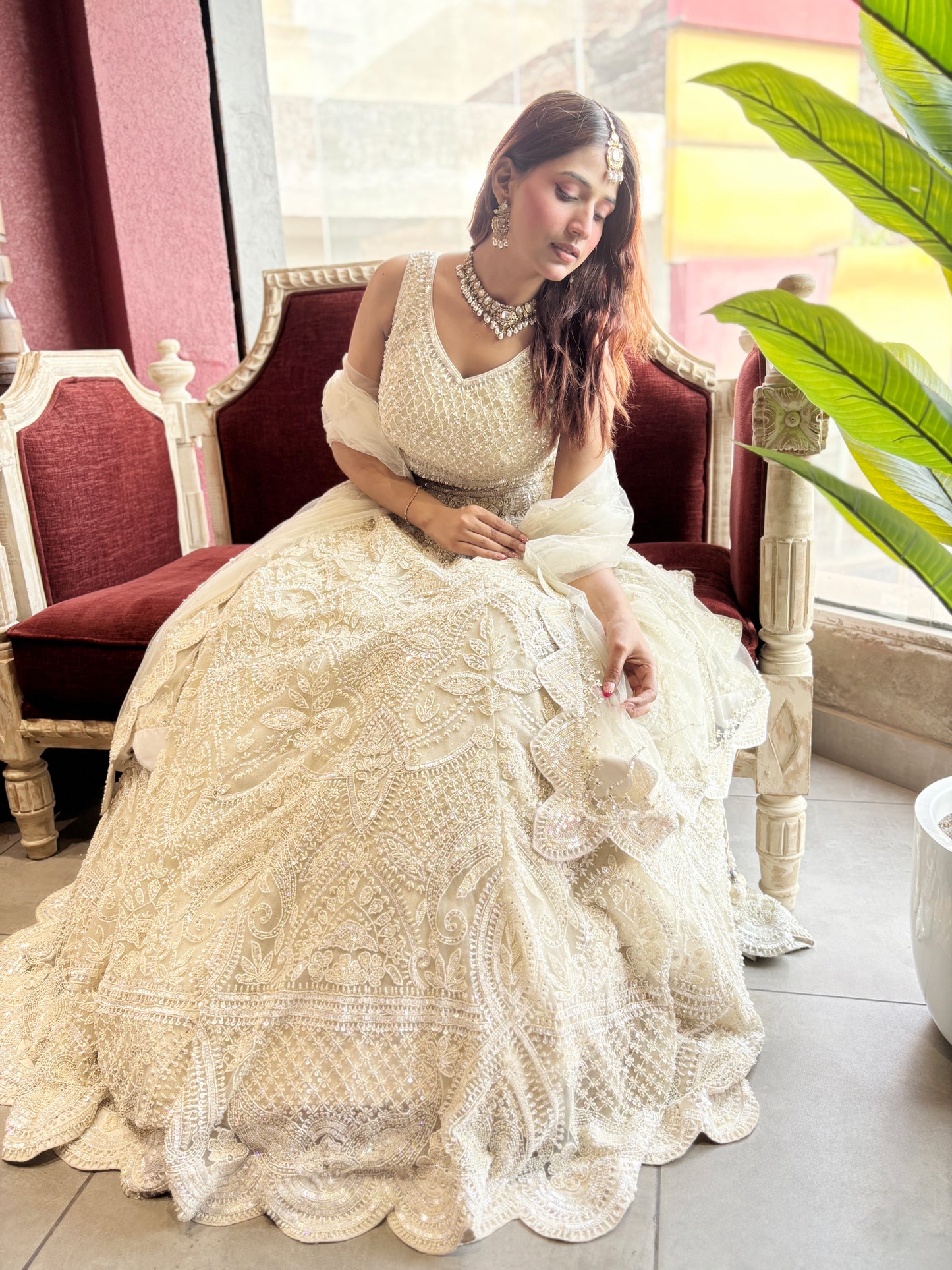 Ivory White Net Lehenga with Heavy Embroidery and Scallop Dupatta
