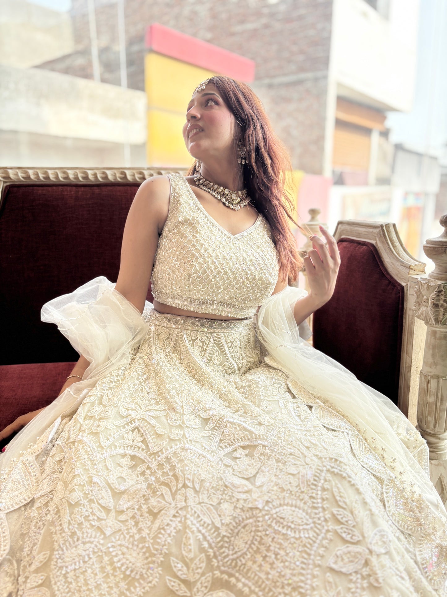 Ivory White Net Lehenga with Heavy Embroidery and Scallop Dupatta