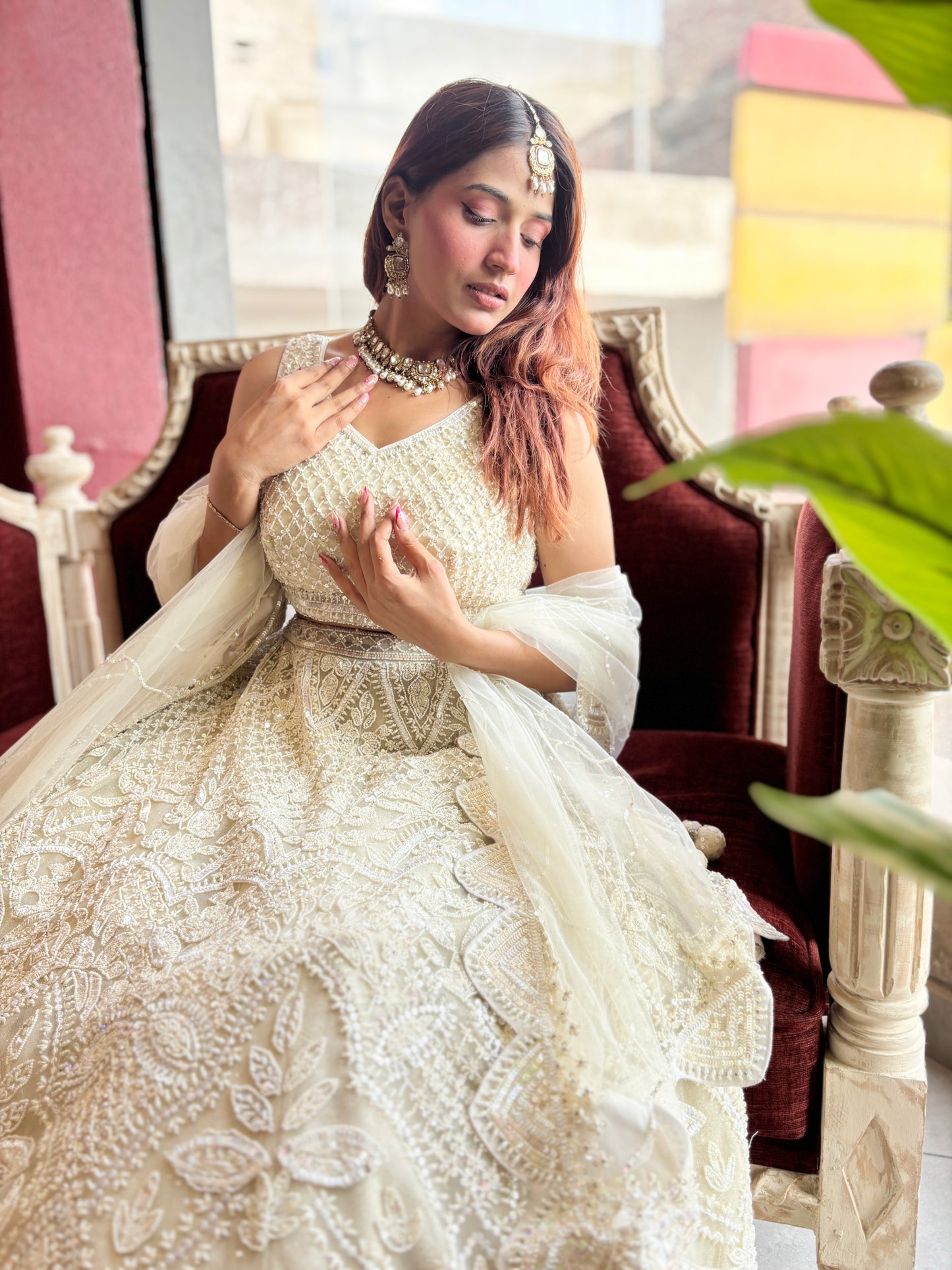 Ivory White Net Lehenga with Heavy Embroidery and Scallop Dupatta