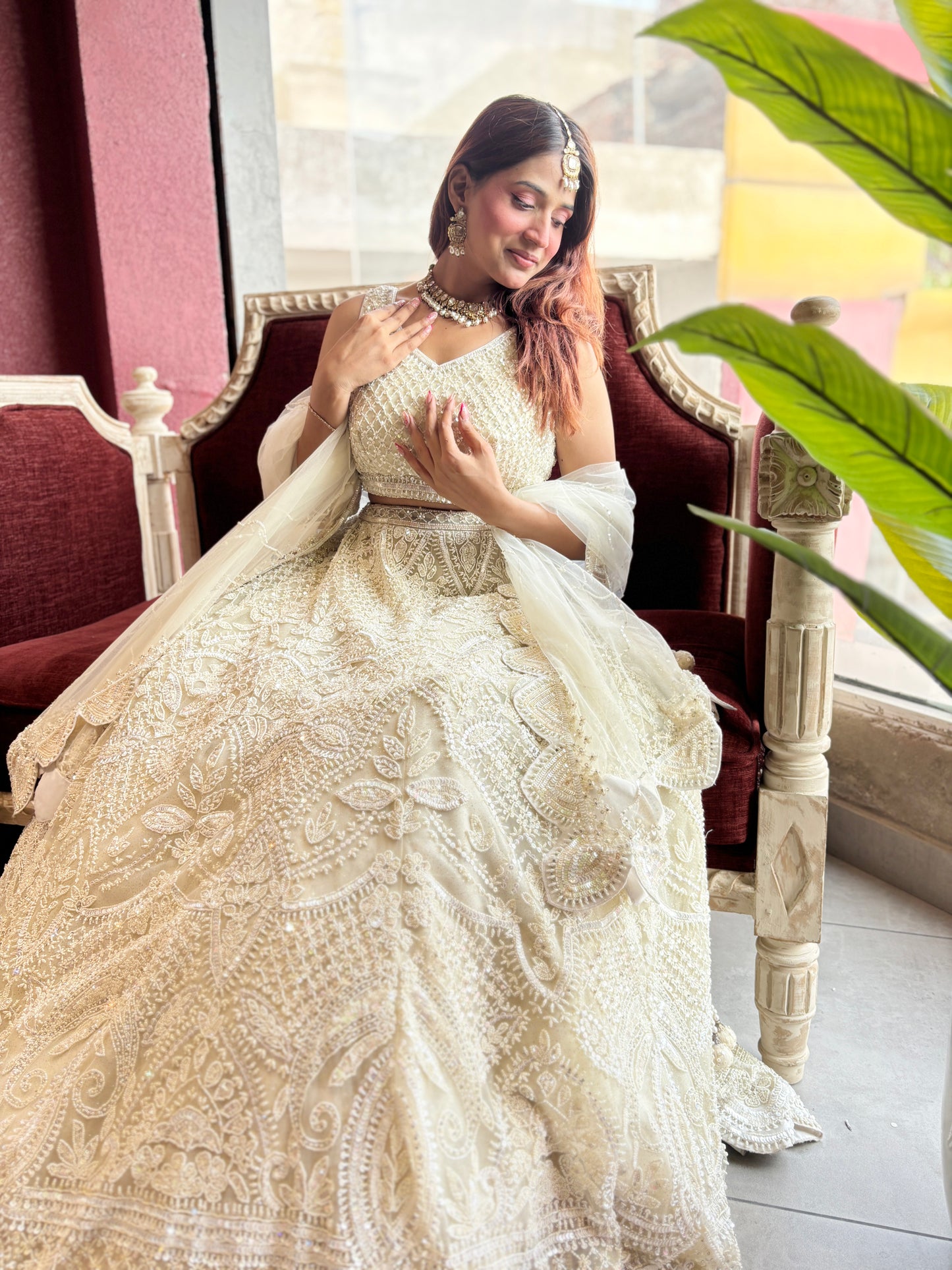 Ivory White Net Lehenga with Heavy Embroidery and Scallop Dupatta