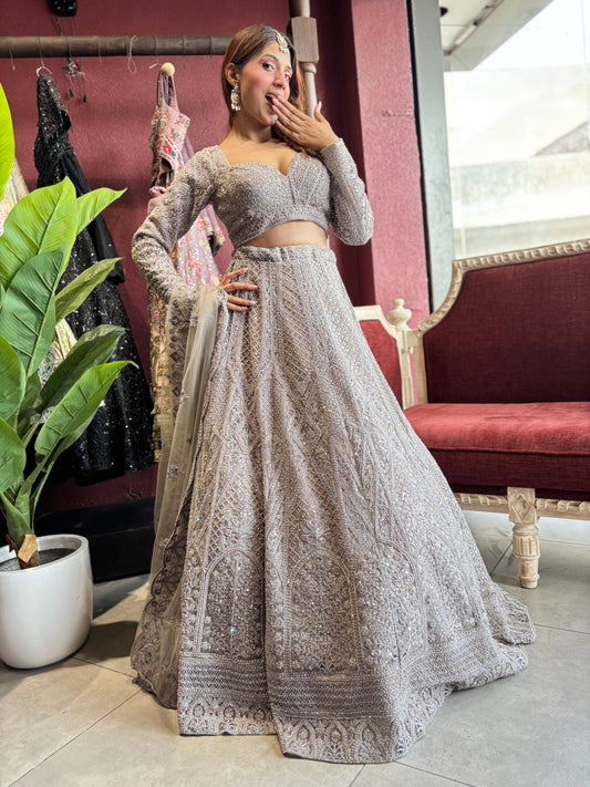 Silver Grey Heavy Embroidered Lehenga with Net Dupatta
