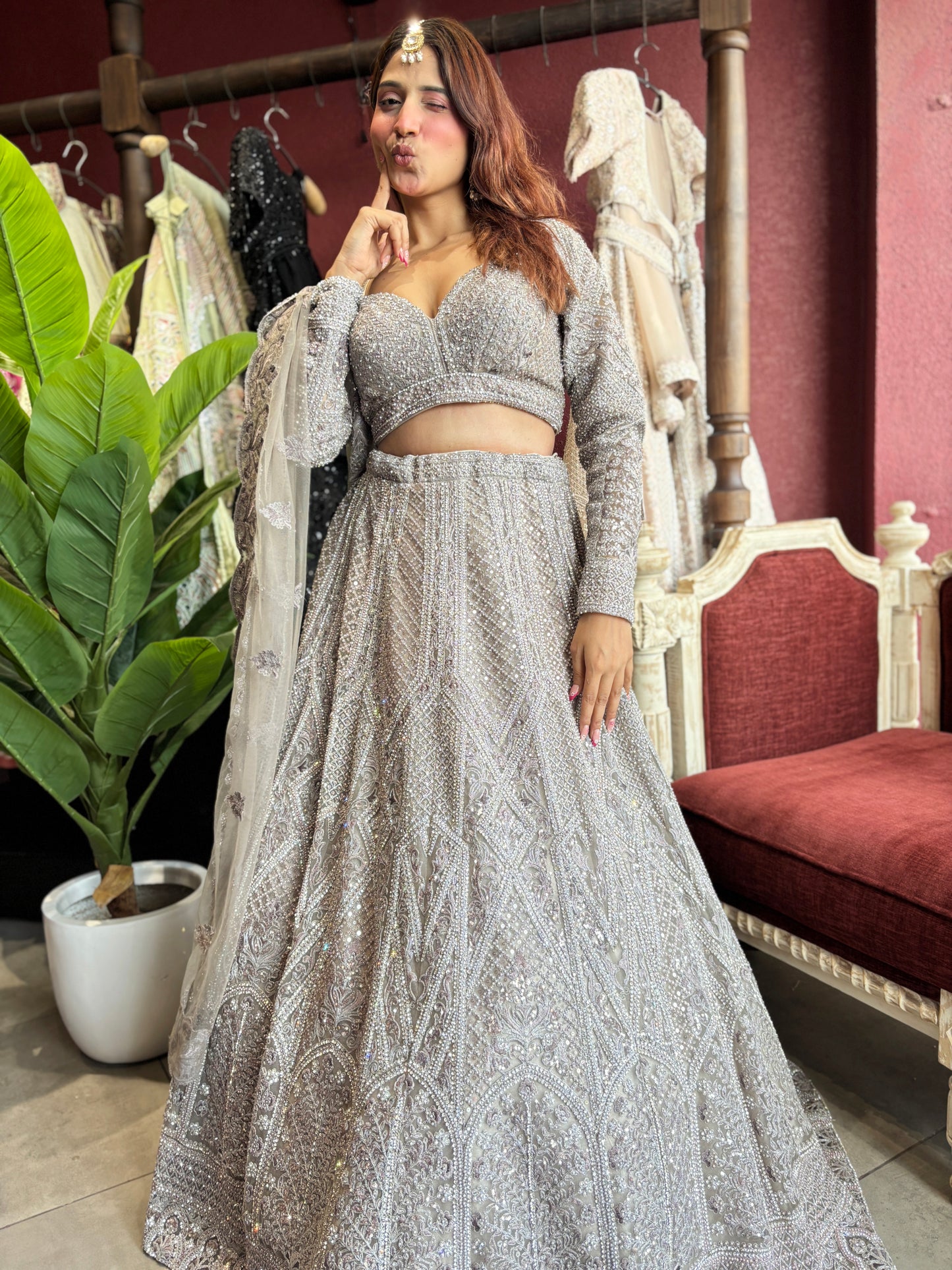 Silver Grey Heavy Embroidered Lehenga with Net Dupatta