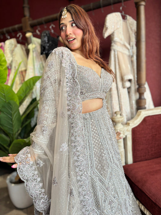 Silver Grey Heavy Embroidered Lehenga with Net Dupatta