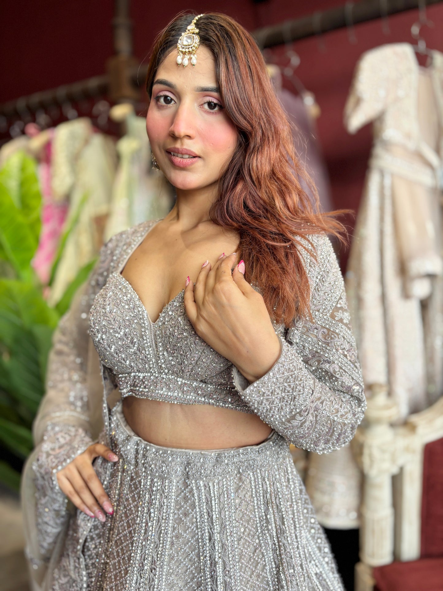 Silver Grey Heavy Embroidered Lehenga with Net Dupatta