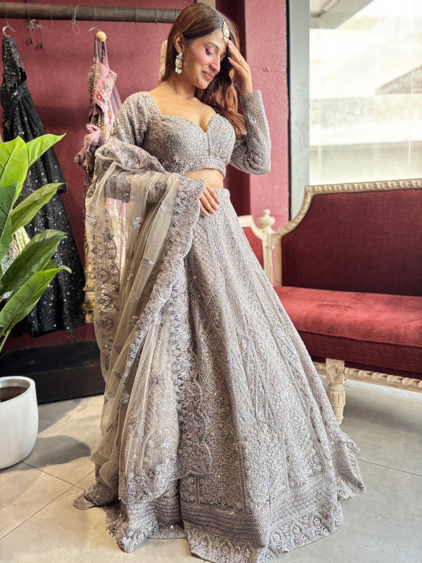 Silver Grey Heavy Embroidered Lehenga with Net Dupatta