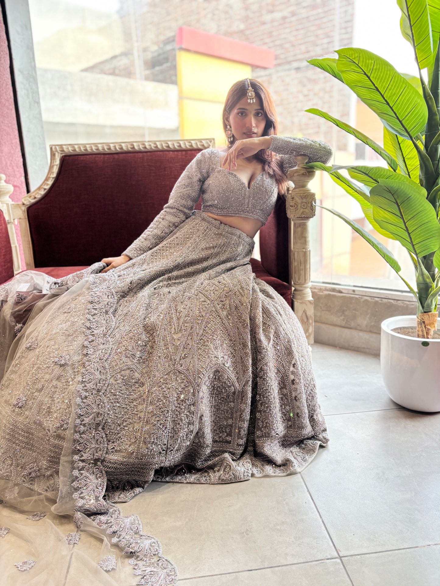 Silver Grey Heavy Embroidered Lehenga with Net Dupatta