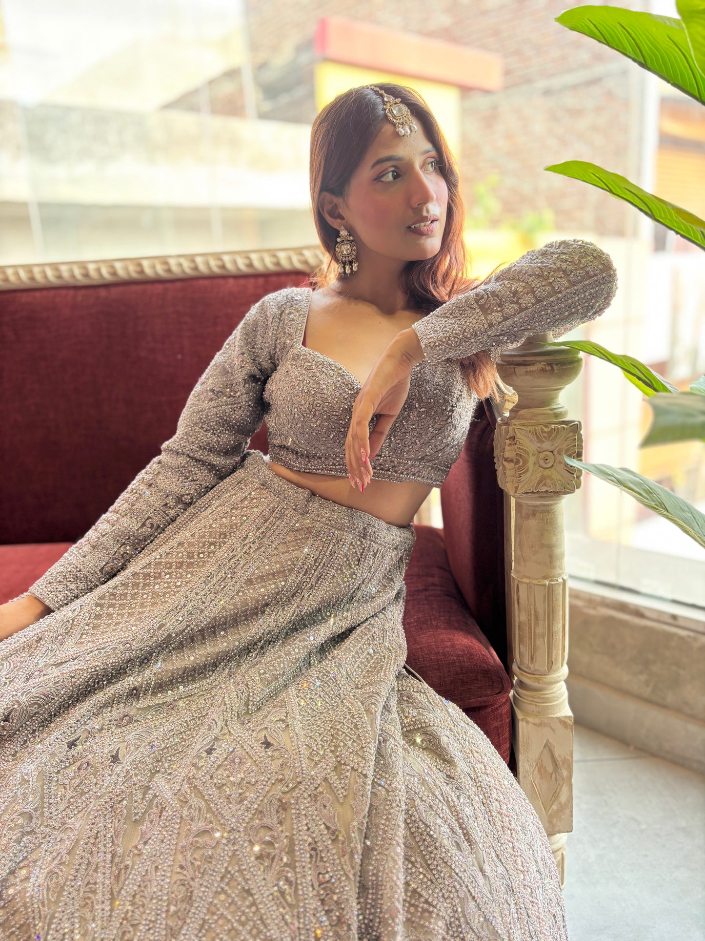 Silver Grey Heavy Embroidered Lehenga with Net Dupatta