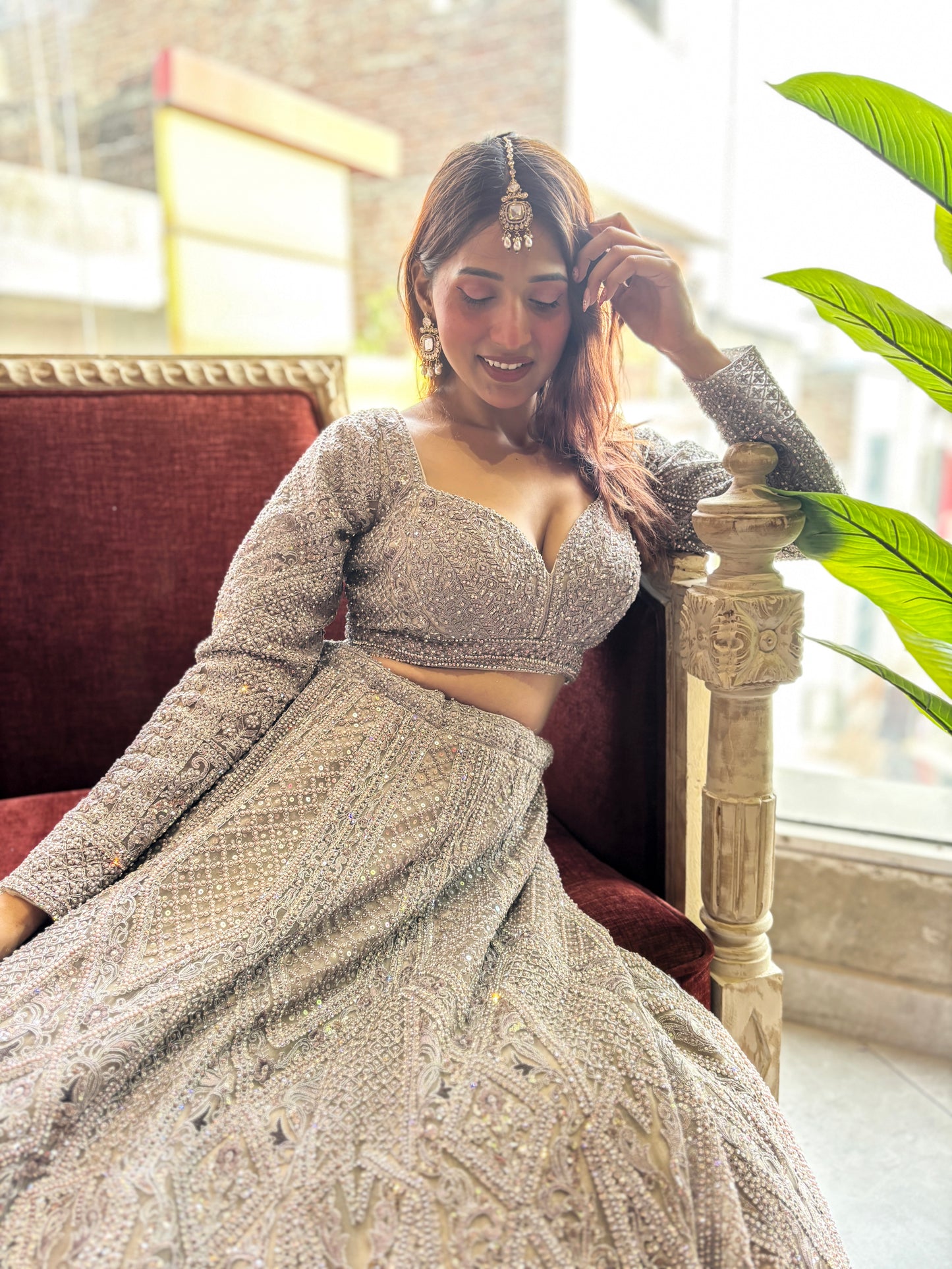 Silver Grey Heavy Embroidered Lehenga with Net Dupatta