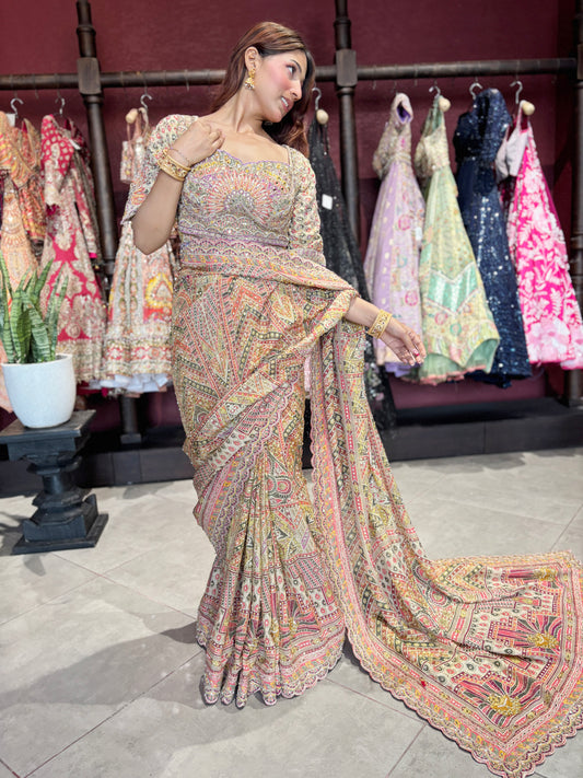 Multicolor Heritage Designer Saree with Heavy Embroidered Border